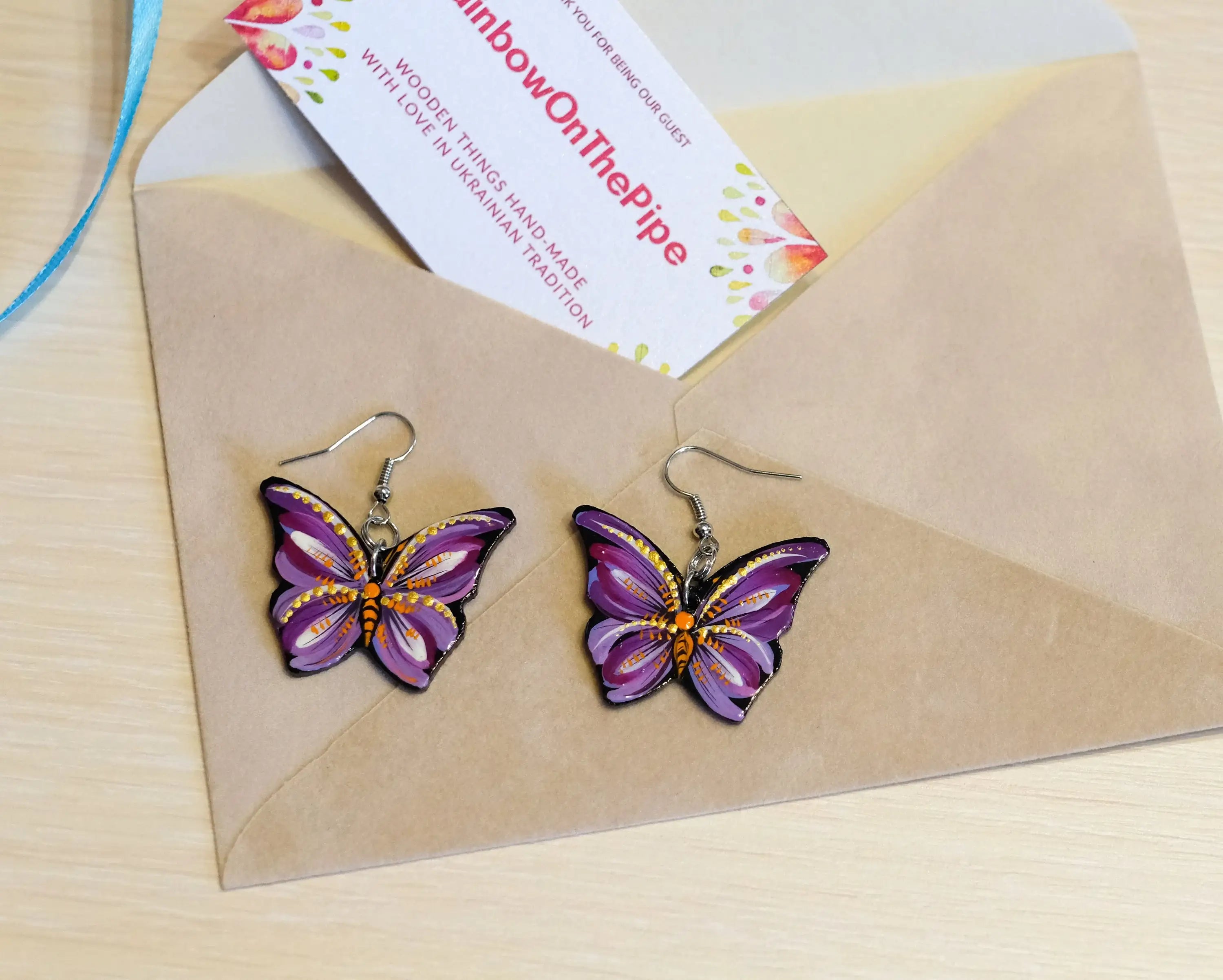 Hypoallergenic Painted Wooden Butterfly Earrings - Artisanal Dangle Drop Purple Statement Earrings