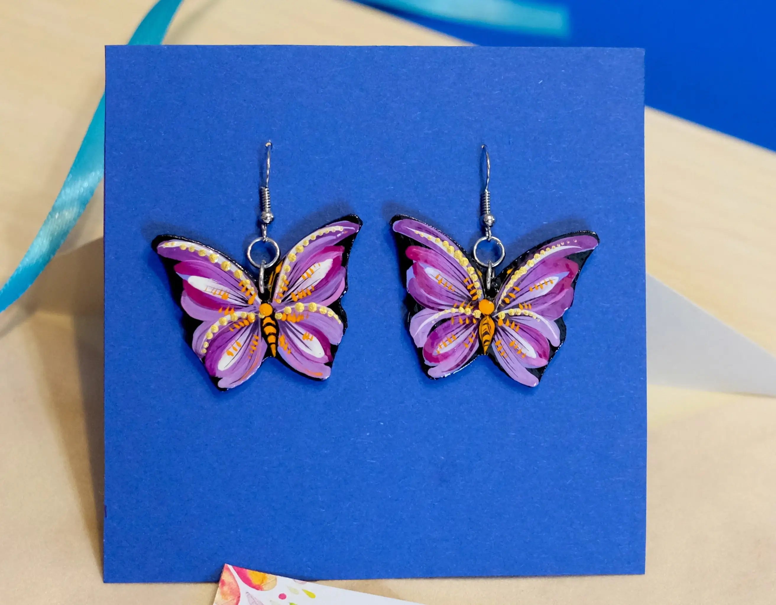 Hypoallergenic Painted Wooden Butterfly Earrings - Artisanal Dangle Drop Purple Statement Earrings