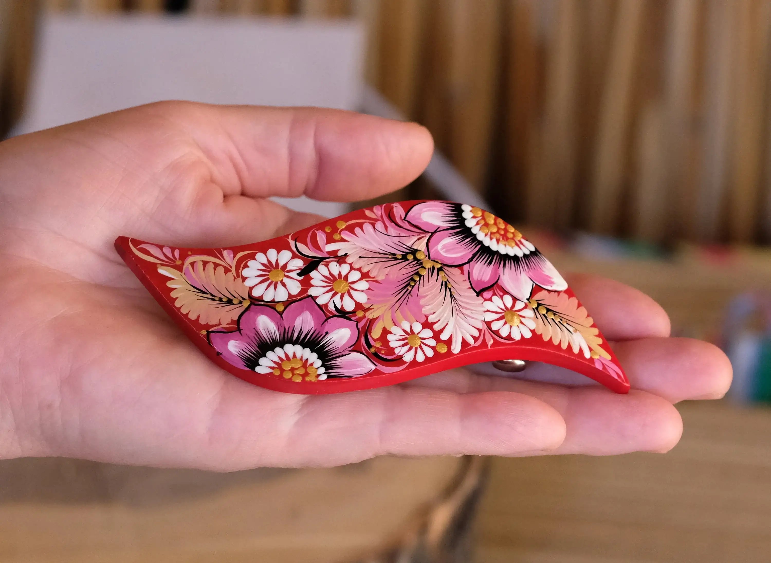 Hand-painted Wooden Hair Barrette - Artisanal Petrykivka Art Pink Flower French Hair Clip