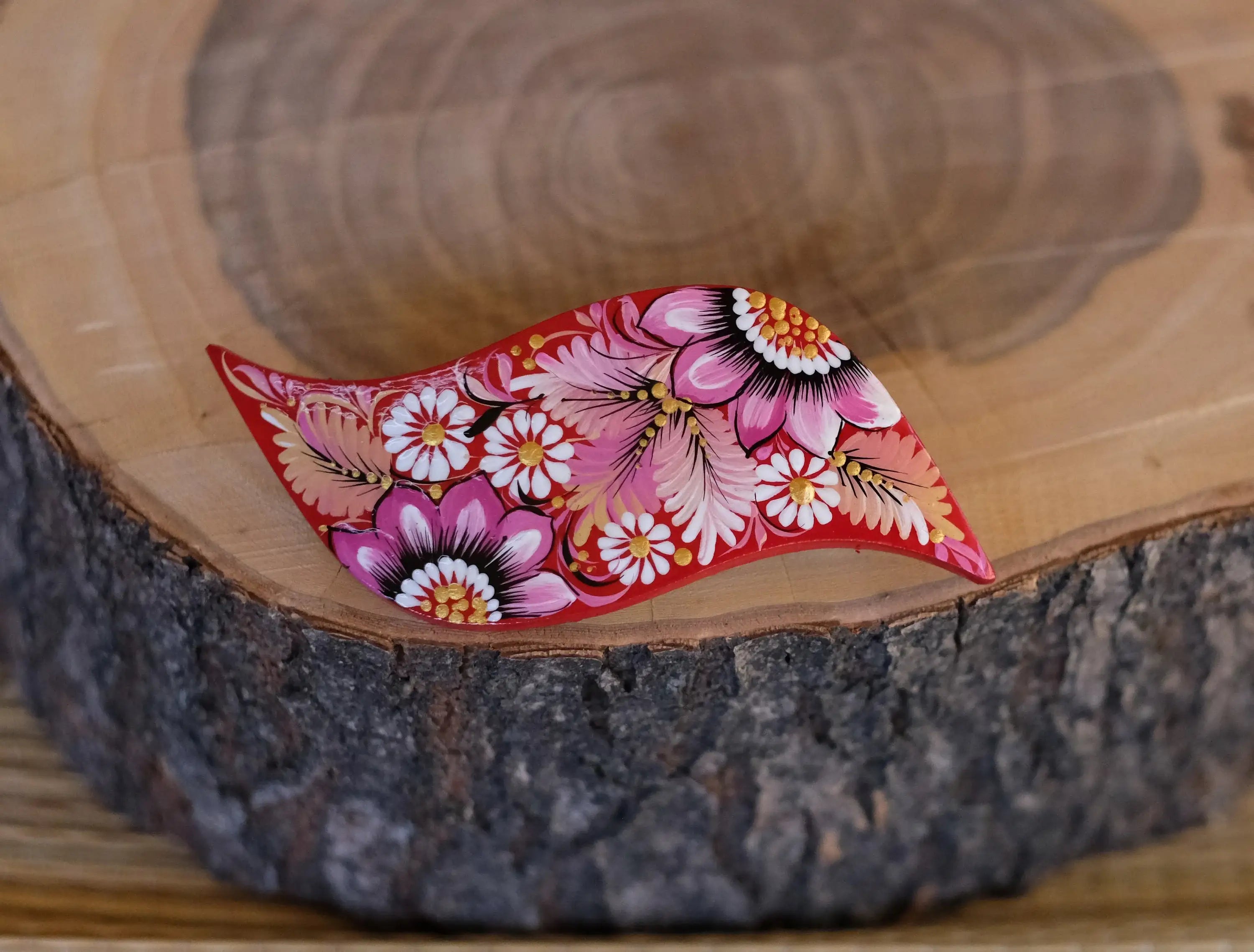 Hand-painted Wooden Hair Barrette - Artisanal Petrykivka Art Pink Flower French Hair Clip