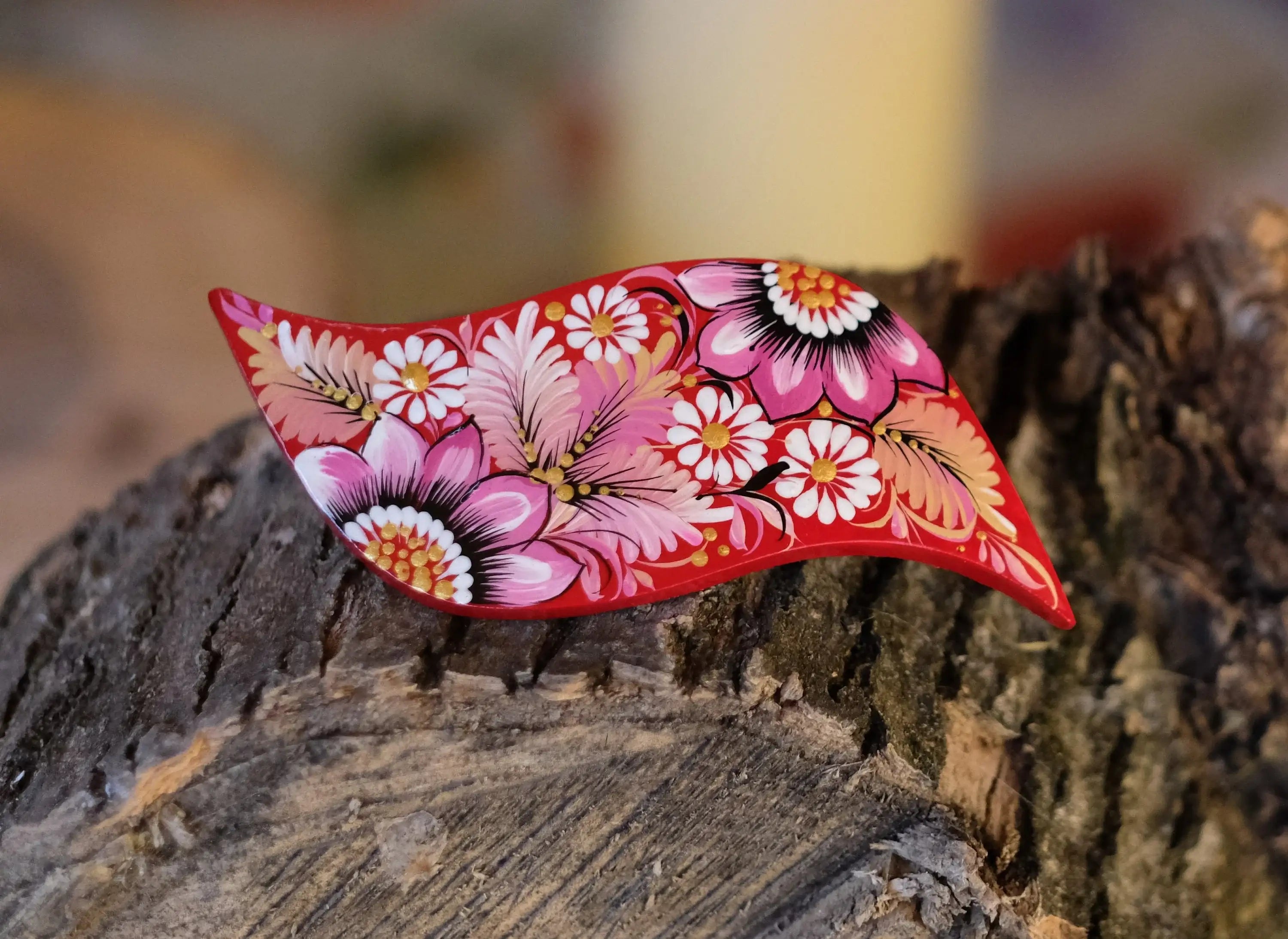 Hand-painted Wooden Hair Barrette - Artisanal Petrykivka Art Pink Flower French Hair Clip