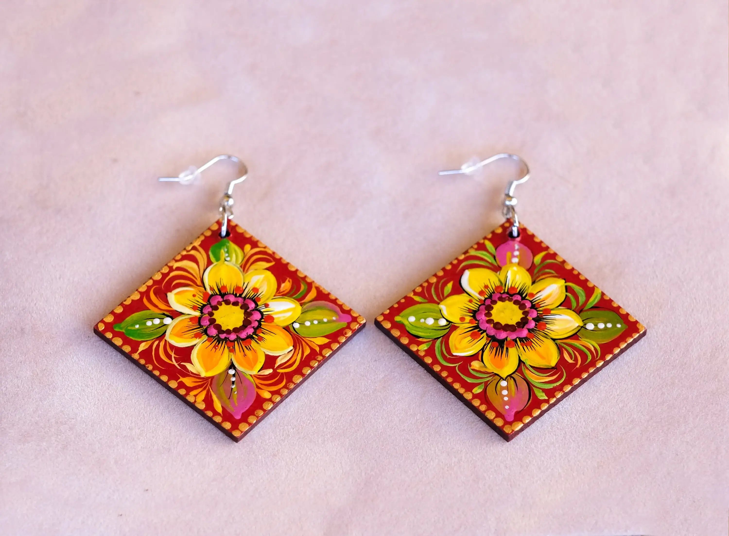 Painted Hypoallergenic Wooden Sunflower Earrings - Artisanal Large Statement Dangle Drop Earrings