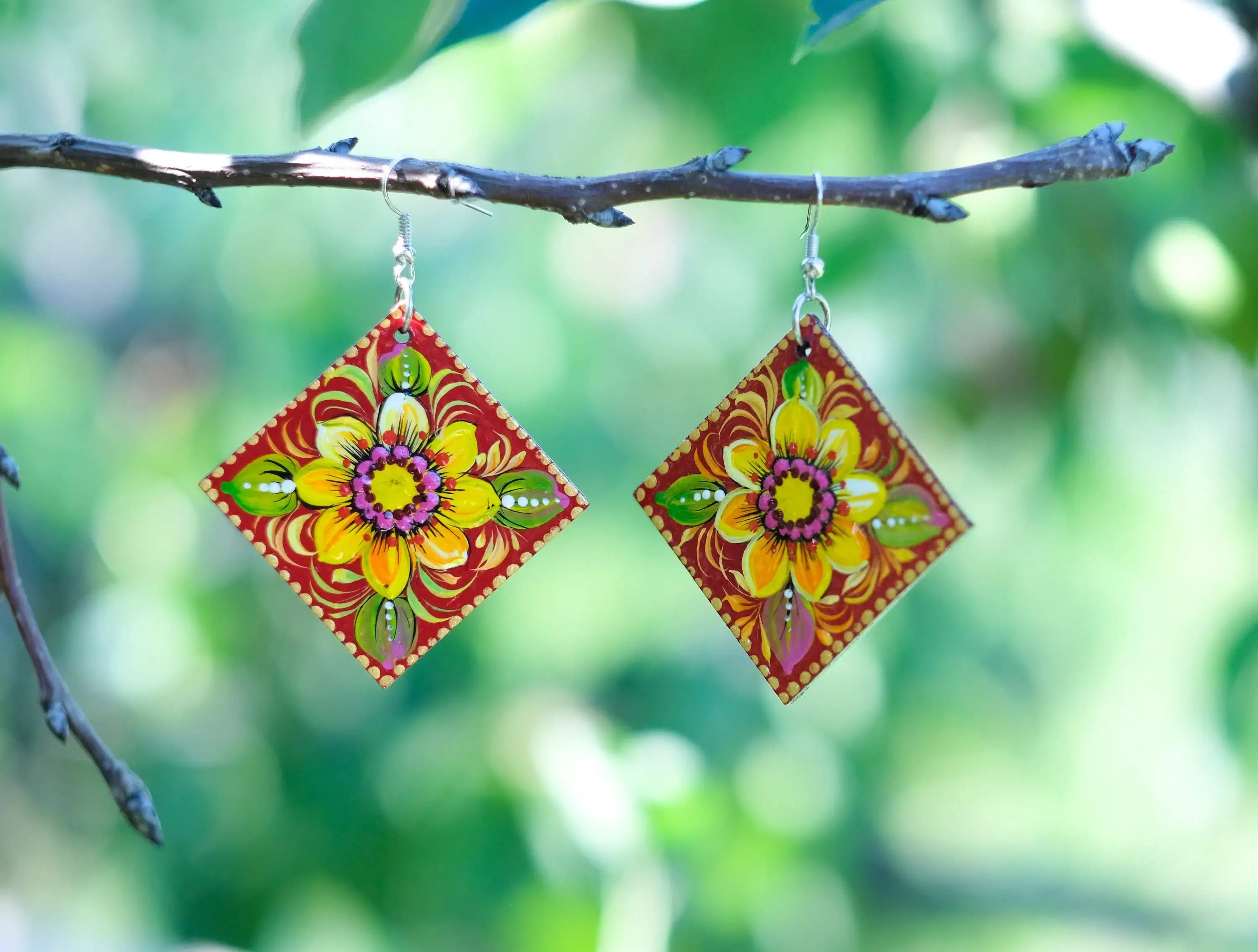 Painted Hypoallergenic Wooden Sunflower Earrings - Artisanal Large Statement Dangle Drop Earrings