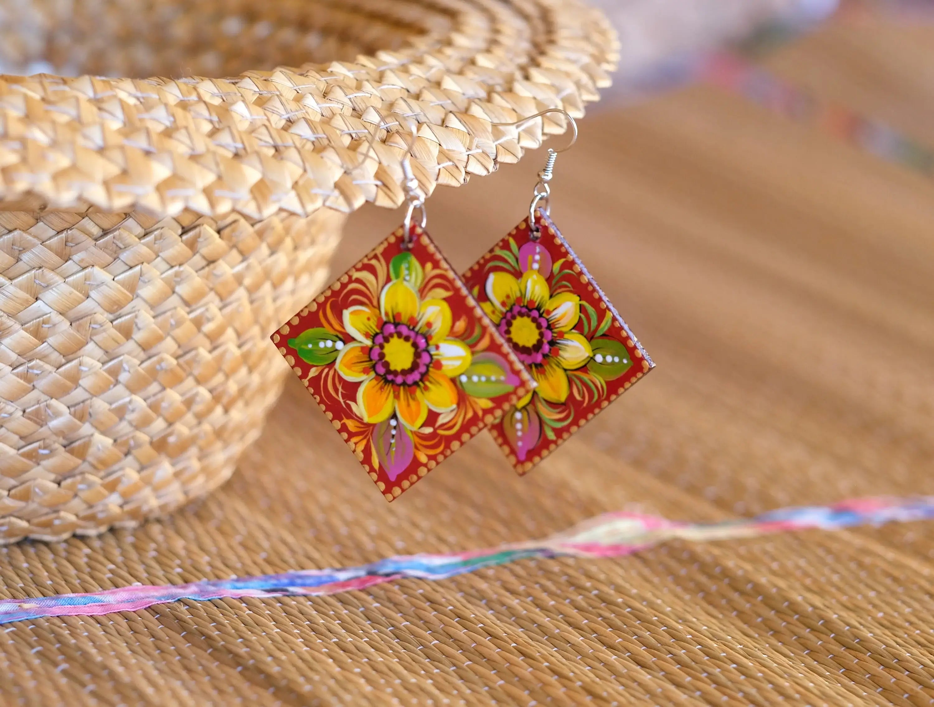 Painted Hypoallergenic Wooden Sunflower Earrings - Artisanal Large Statement Dangle Drop Earrings