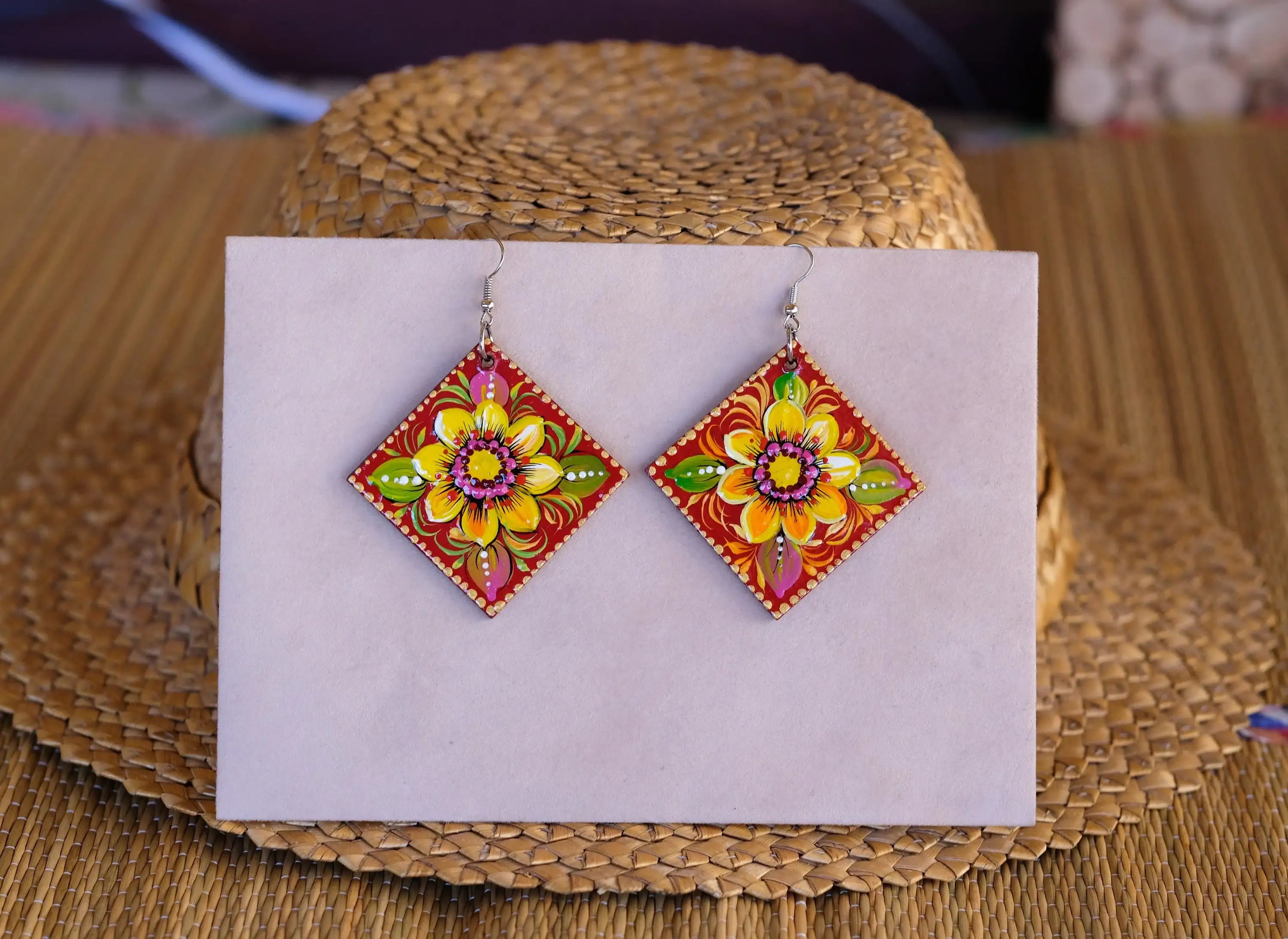 Painted Hypoallergenic Wooden Sunflower Earrings - Artisanal Large Statement Dangle Drop Earrings