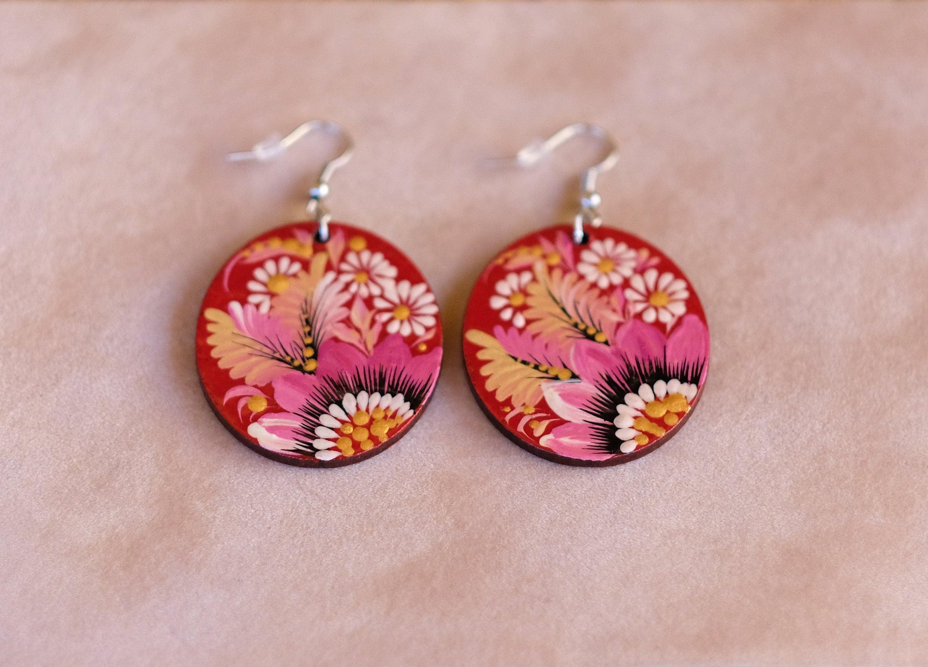 Hypoallergenic Painted Wooden Dangle Drop Earrings - Artisanal Pink Flower Petrykivka Art Oval Statement Earrings