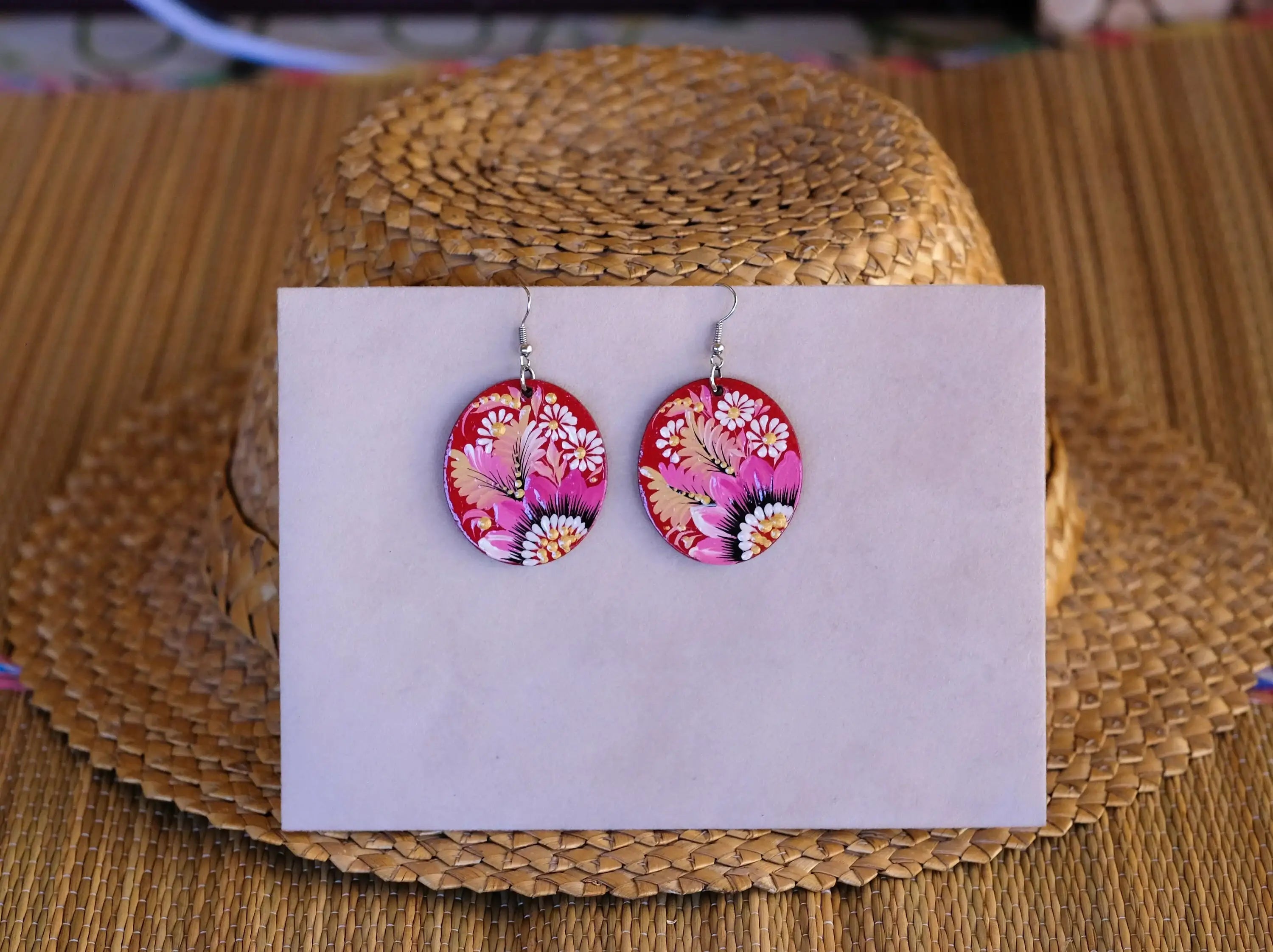 Hypoallergenic Painted Wooden Dangle Drop Earrings - Artisanal Pink Flower Petrykivka Art Oval Statement Earrings