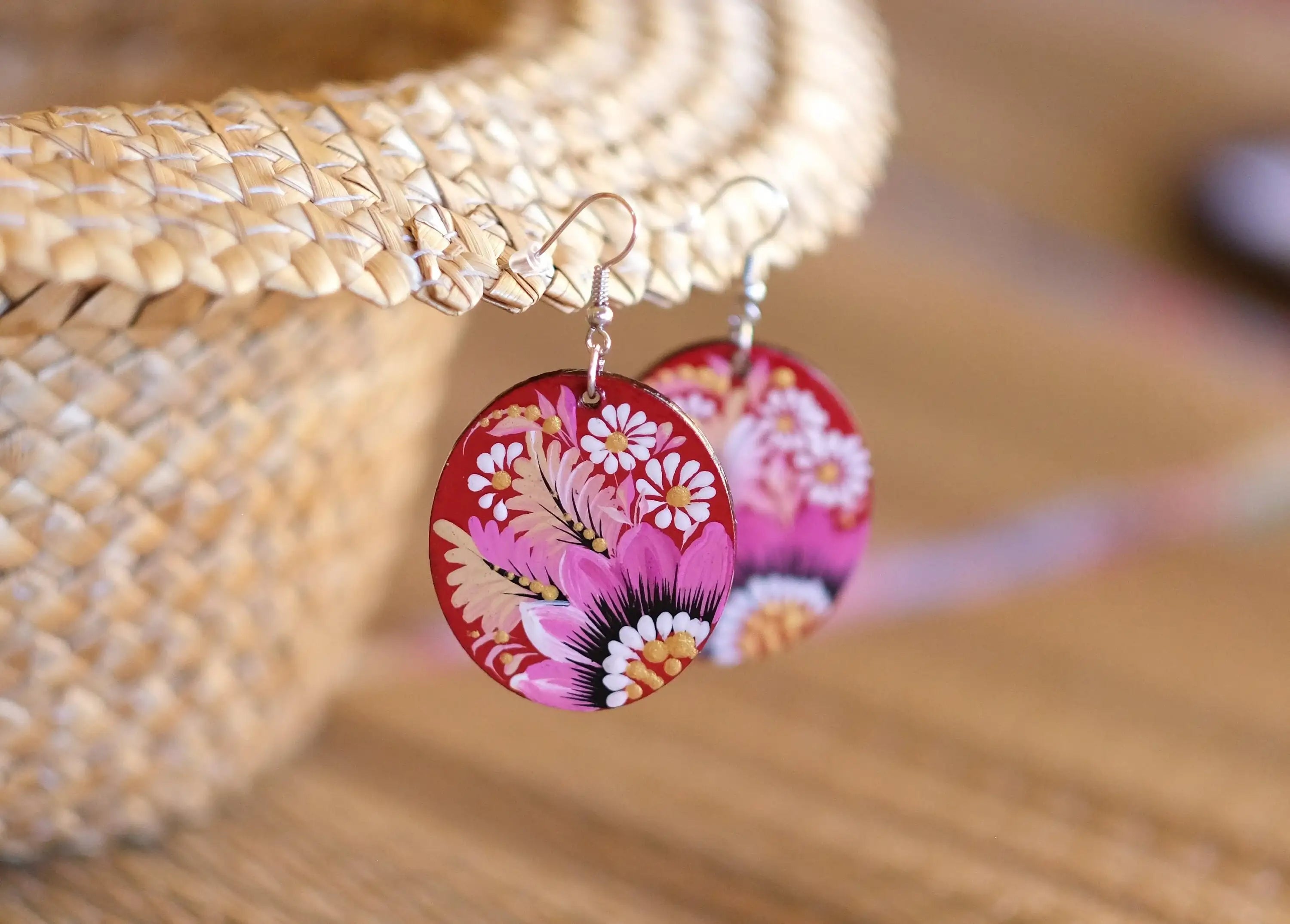 Hypoallergenic Painted Wooden Dangle Drop Earrings - Artisanal Pink Flower Petrykivka Art Oval Statement Earrings