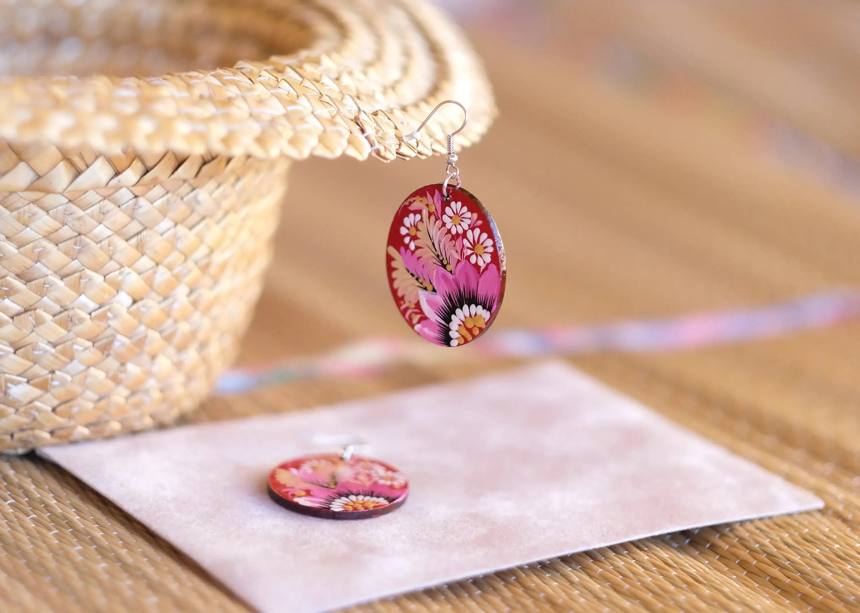 Hypoallergenic Painted Wooden Dangle Drop Earrings - Artisanal Pink Flower Petrykivka Art Oval Statement Earrings