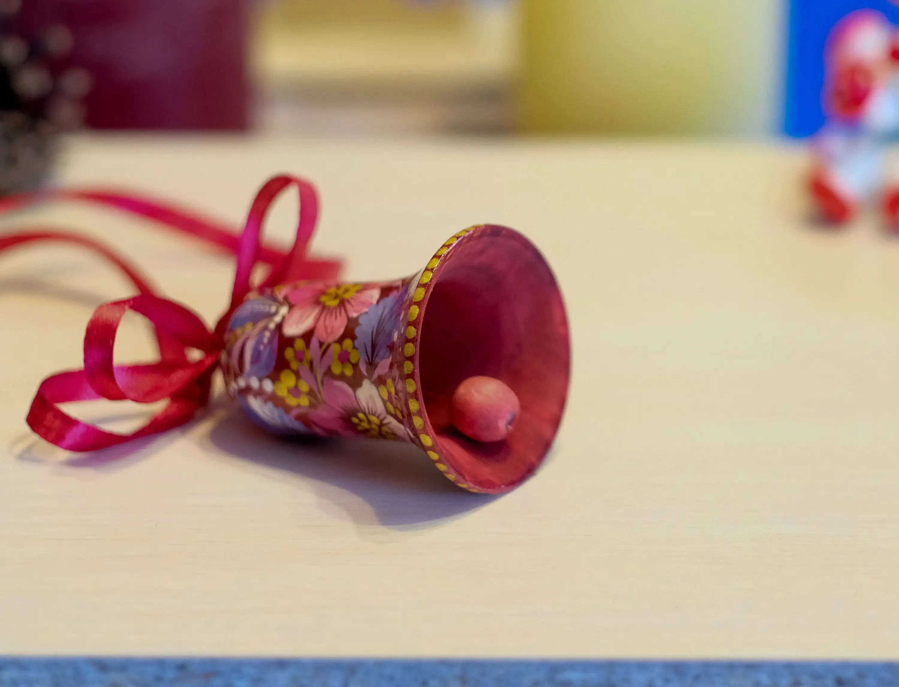 Painted Wooden Red Flower Bell Christmas Ornament - Handmade Artisanal Christmas Tree Decoration, Petrykivka Art