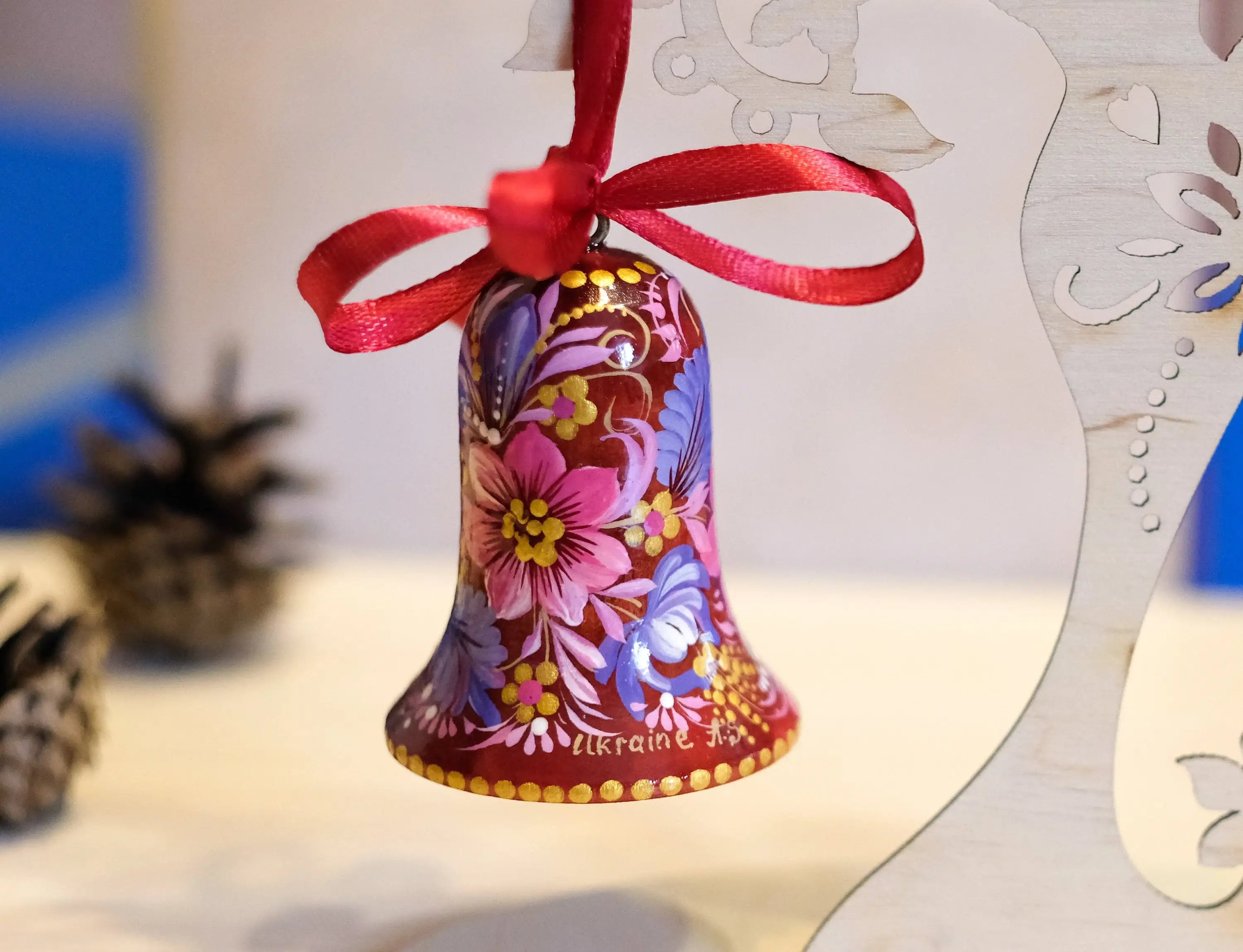 Painted Wooden Red Flower Bell Christmas Ornament - Handmade Artisanal Christmas Tree Decoration, Petrykivka Art
