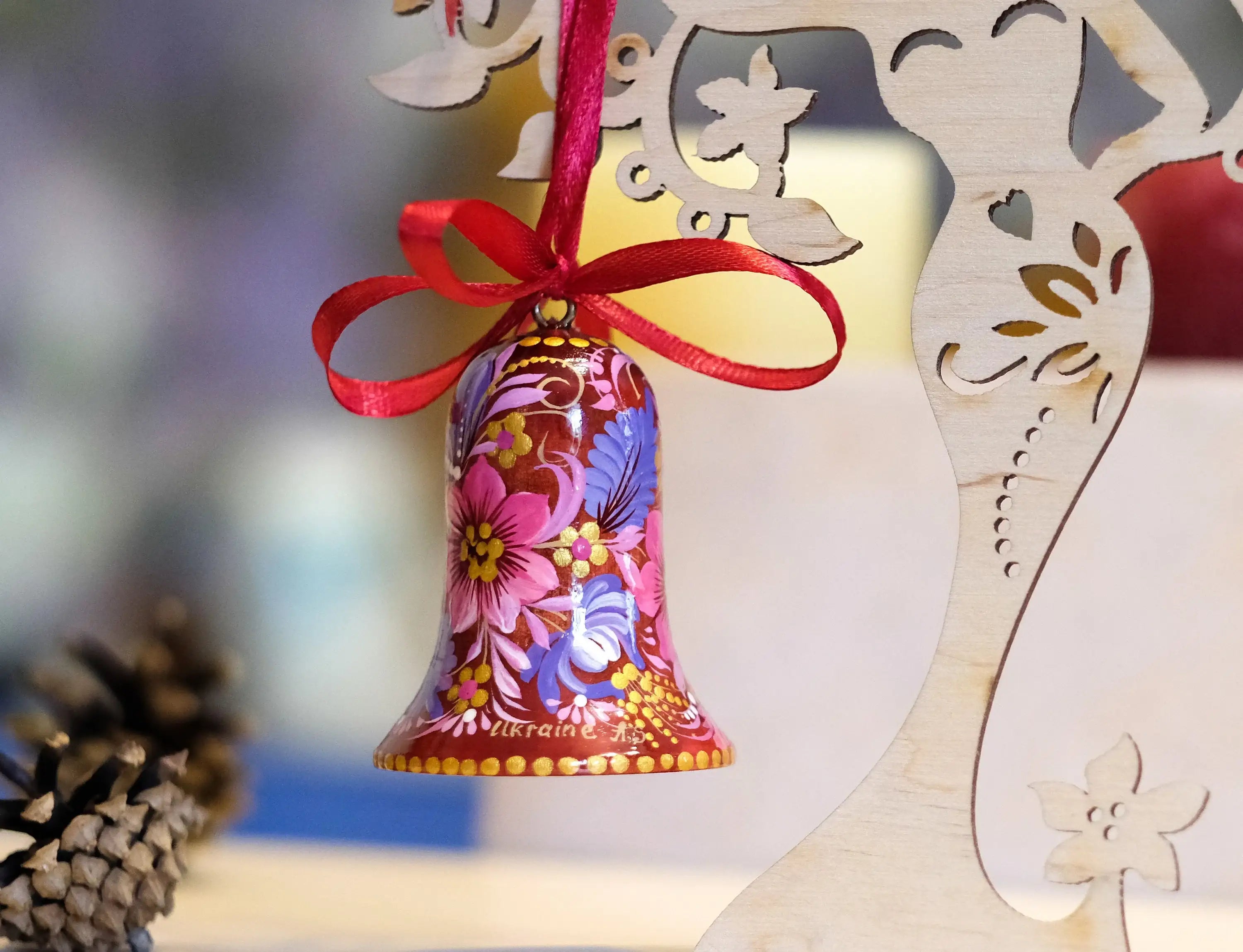 Painted Wooden Red Flower Bell Christmas Ornament - Handmade Artisanal Christmas Tree Decoration, Petrykivka Art