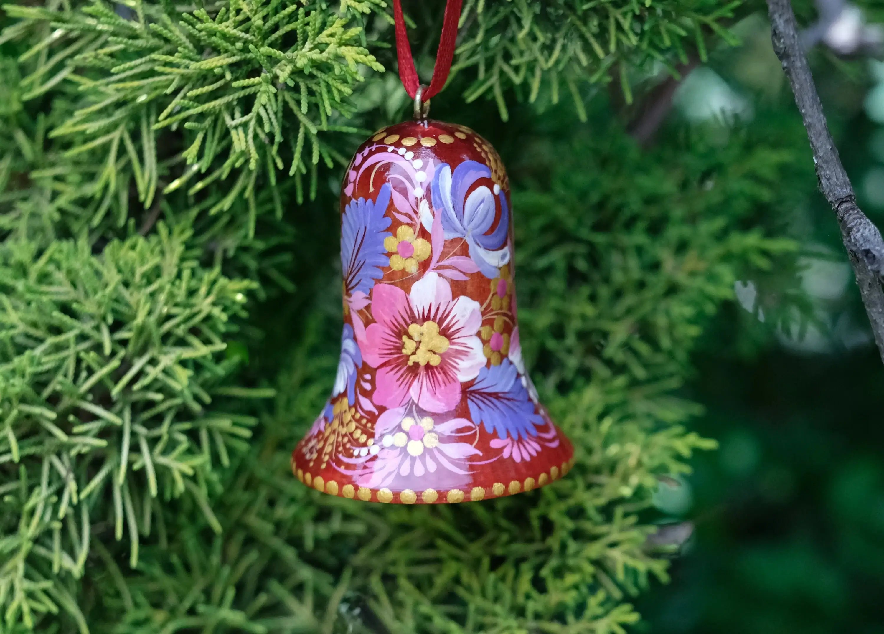 Painted Wooden Red Flower Bell Christmas Ornament - Handmade Artisanal Christmas Tree Decoration, Petrykivka Art