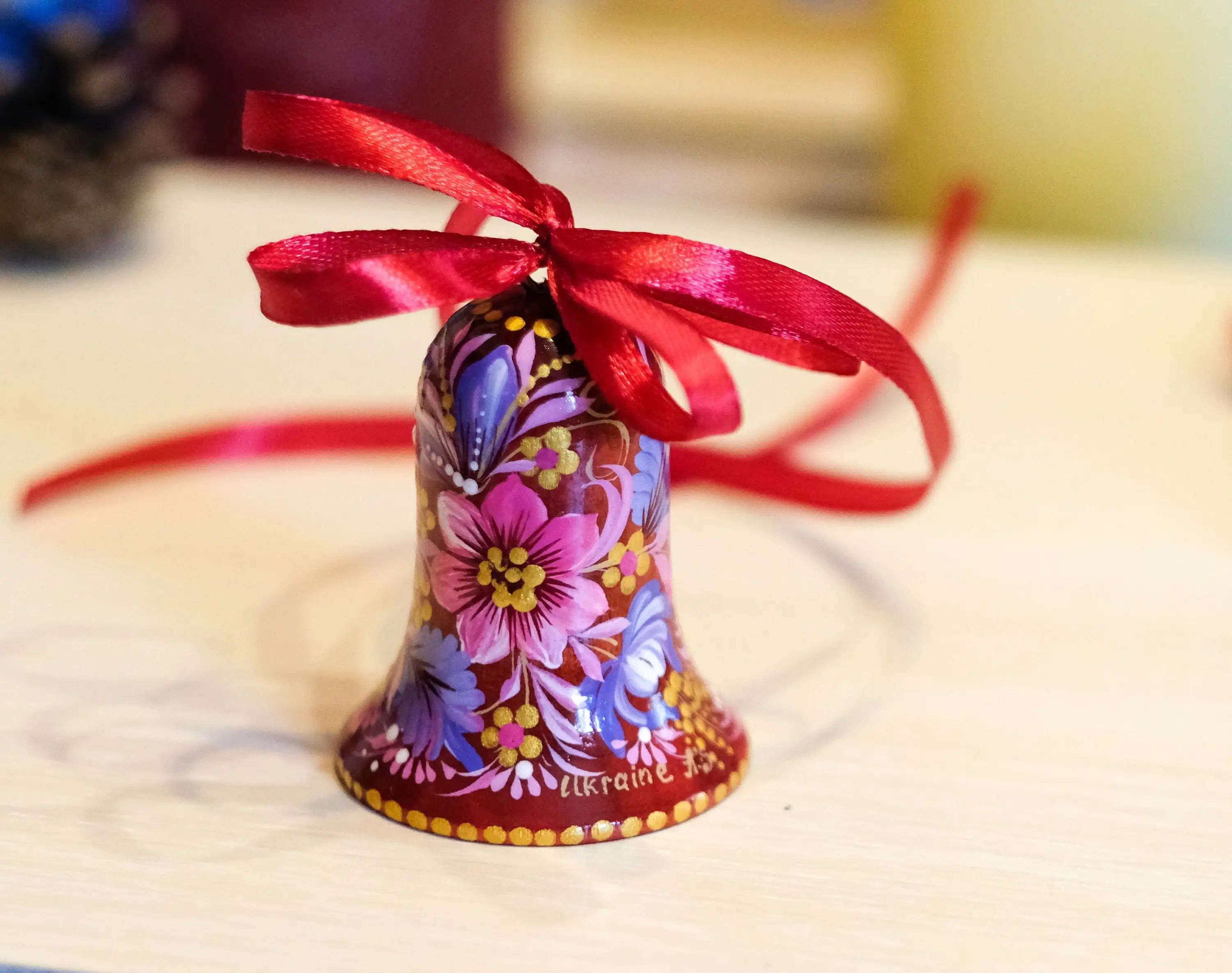 Painted Wooden Red Flower Bell Christmas Ornament - Handmade Artisanal Christmas Tree Decoration, Petrykivka Art