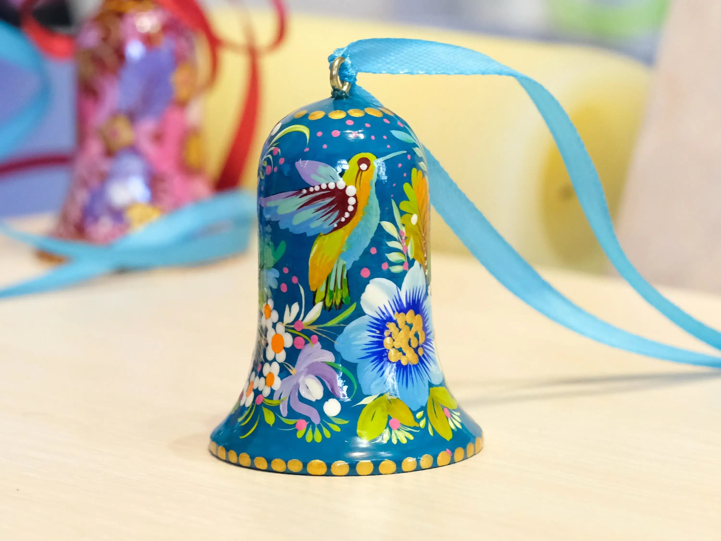 Painted Wooden Hummingbird Easter Bell Ornament