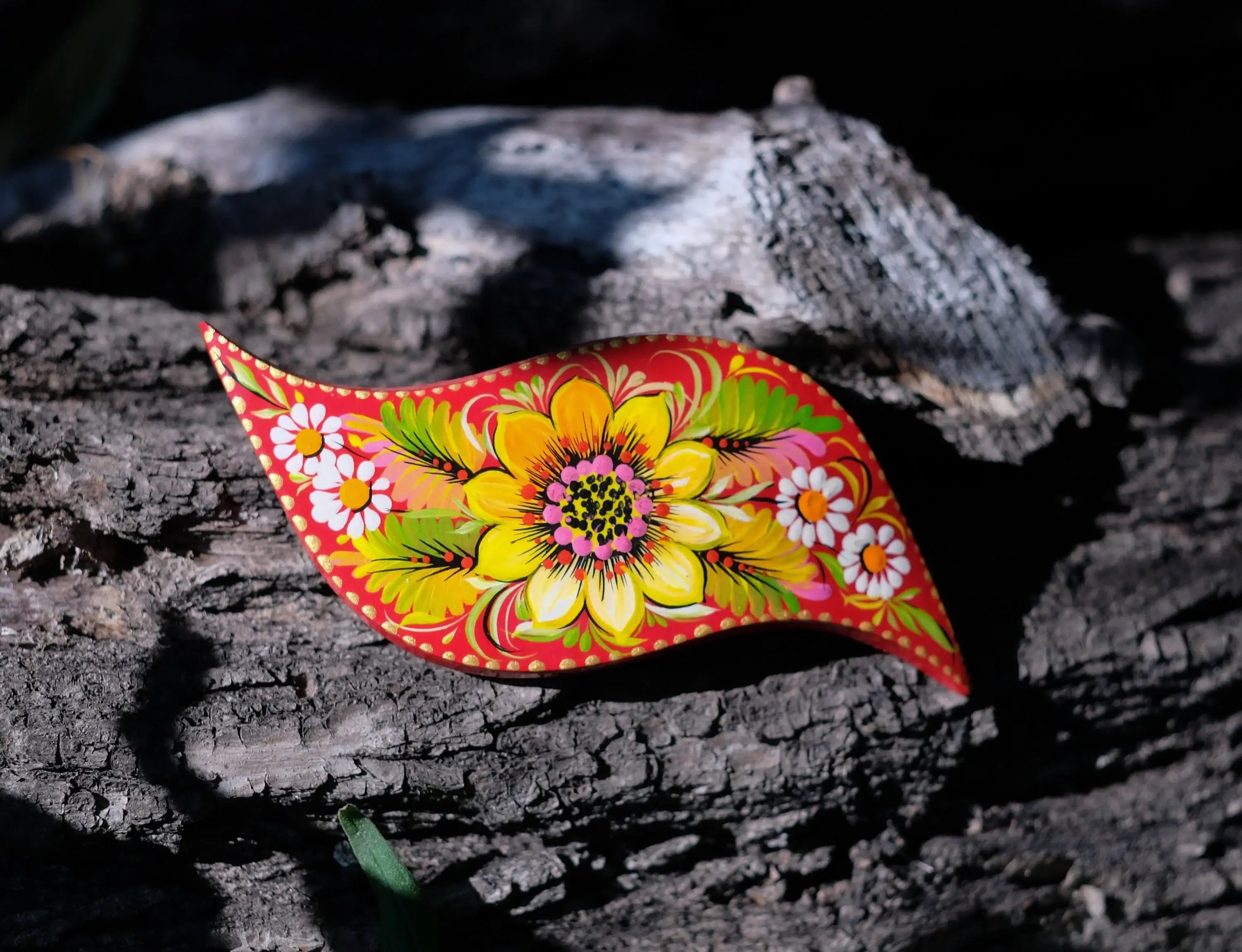 Hand-painted Wooden Sunflower Hair Barrette - Lightweight Artisanal Petrykivka Art French Hair Clip, Yellow Flower Barrette