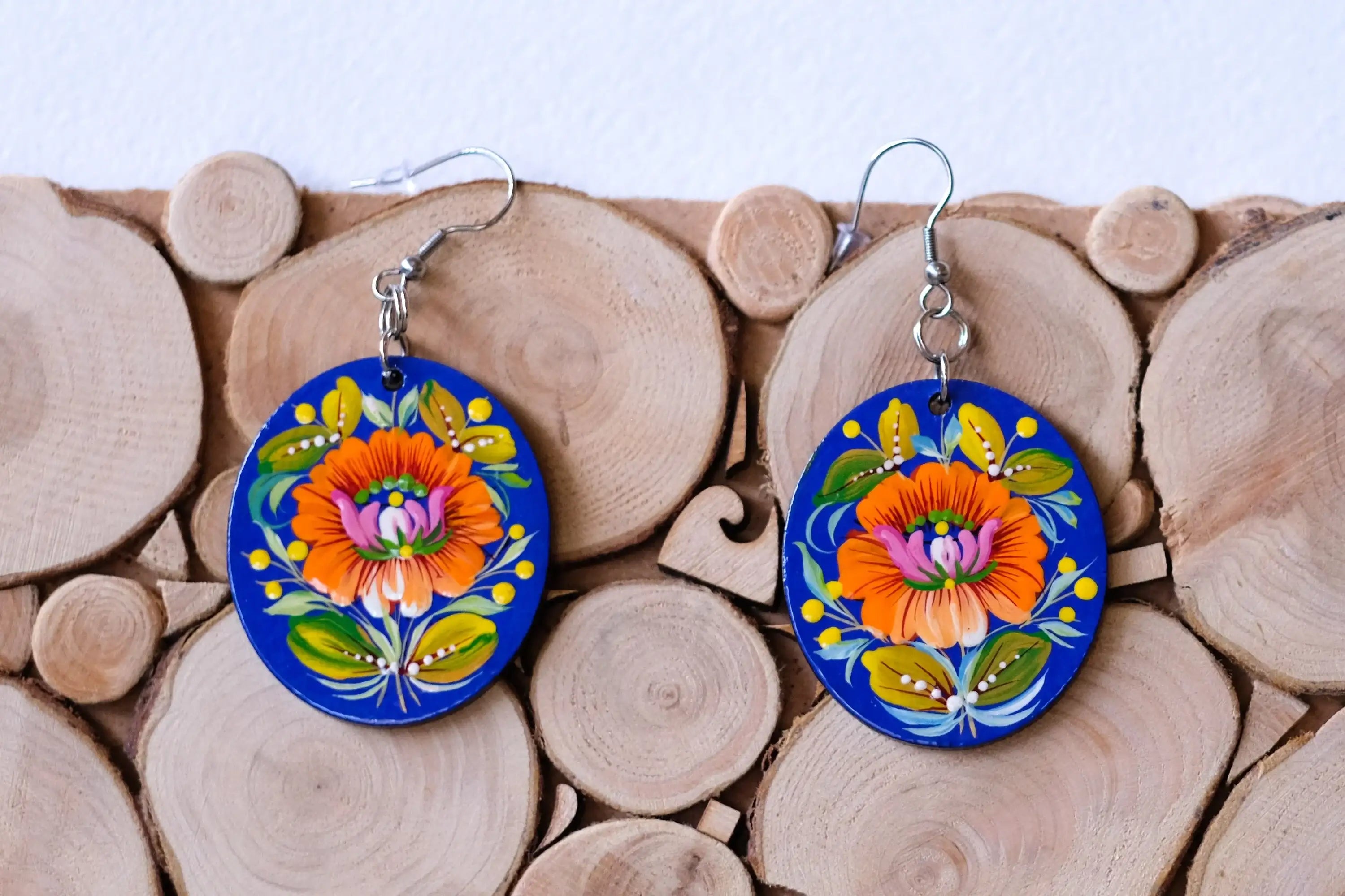 Hypoallergenic Painted Wooden Dangle Drop Earrings - Orange & Blue Flower Earrings, Petrykivka Art