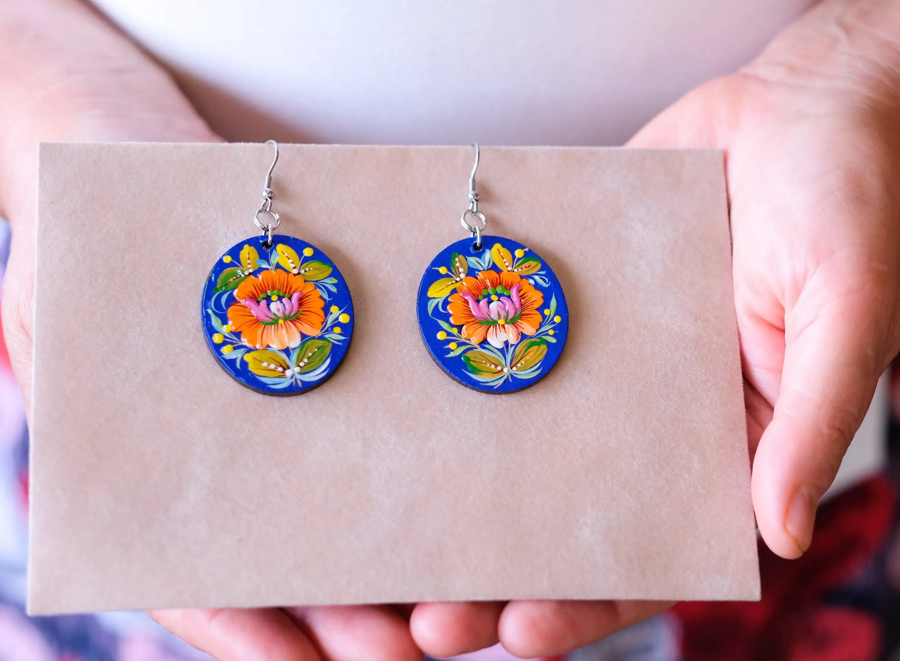 Hypoallergenic Painted Wooden Dangle Drop Earrings - Orange & Blue Flower Earrings, Petrykivka Art