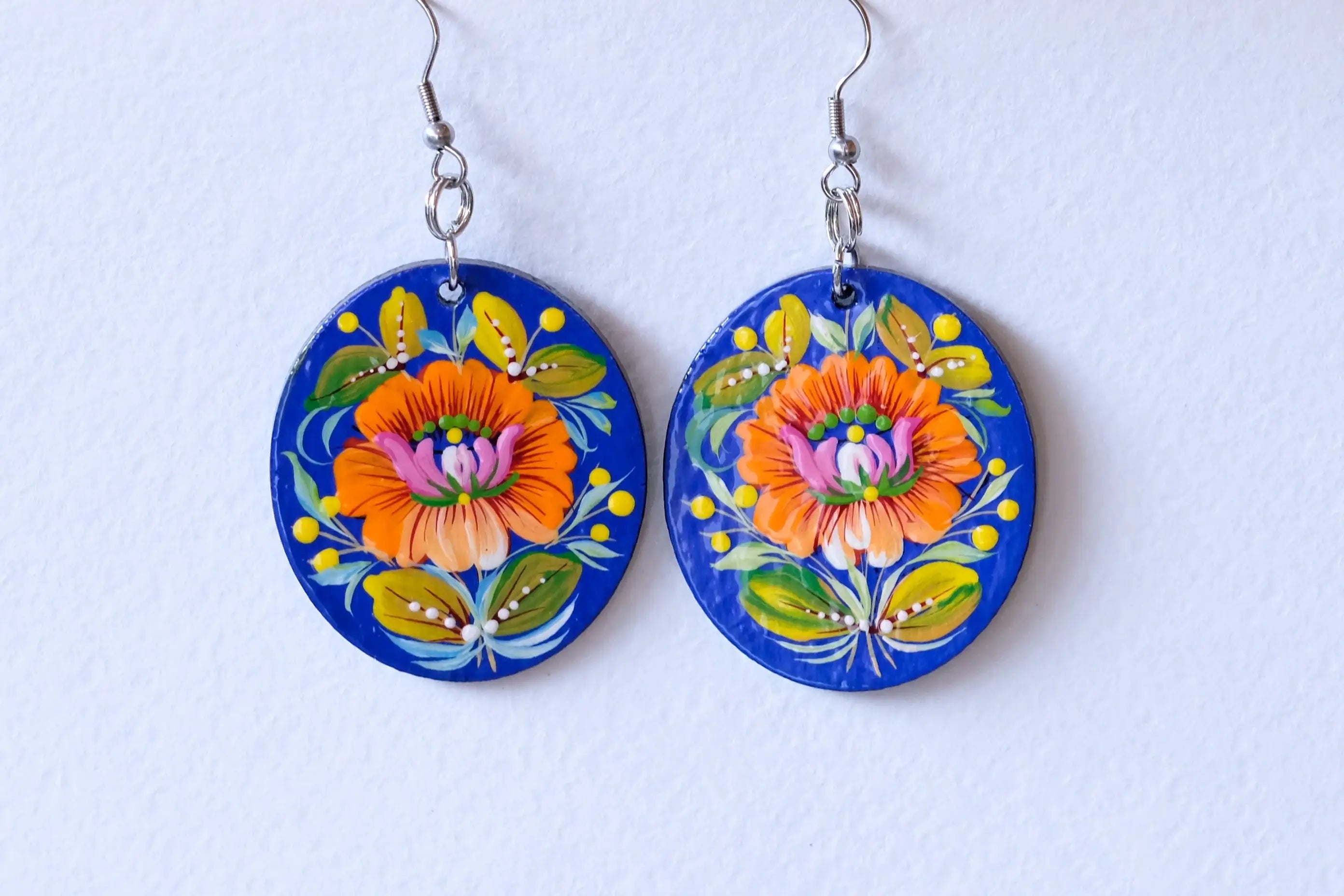 Hypoallergenic Painted Wooden Dangle Drop Earrings - Orange & Blue Flower Earrings, Petrykivka Art