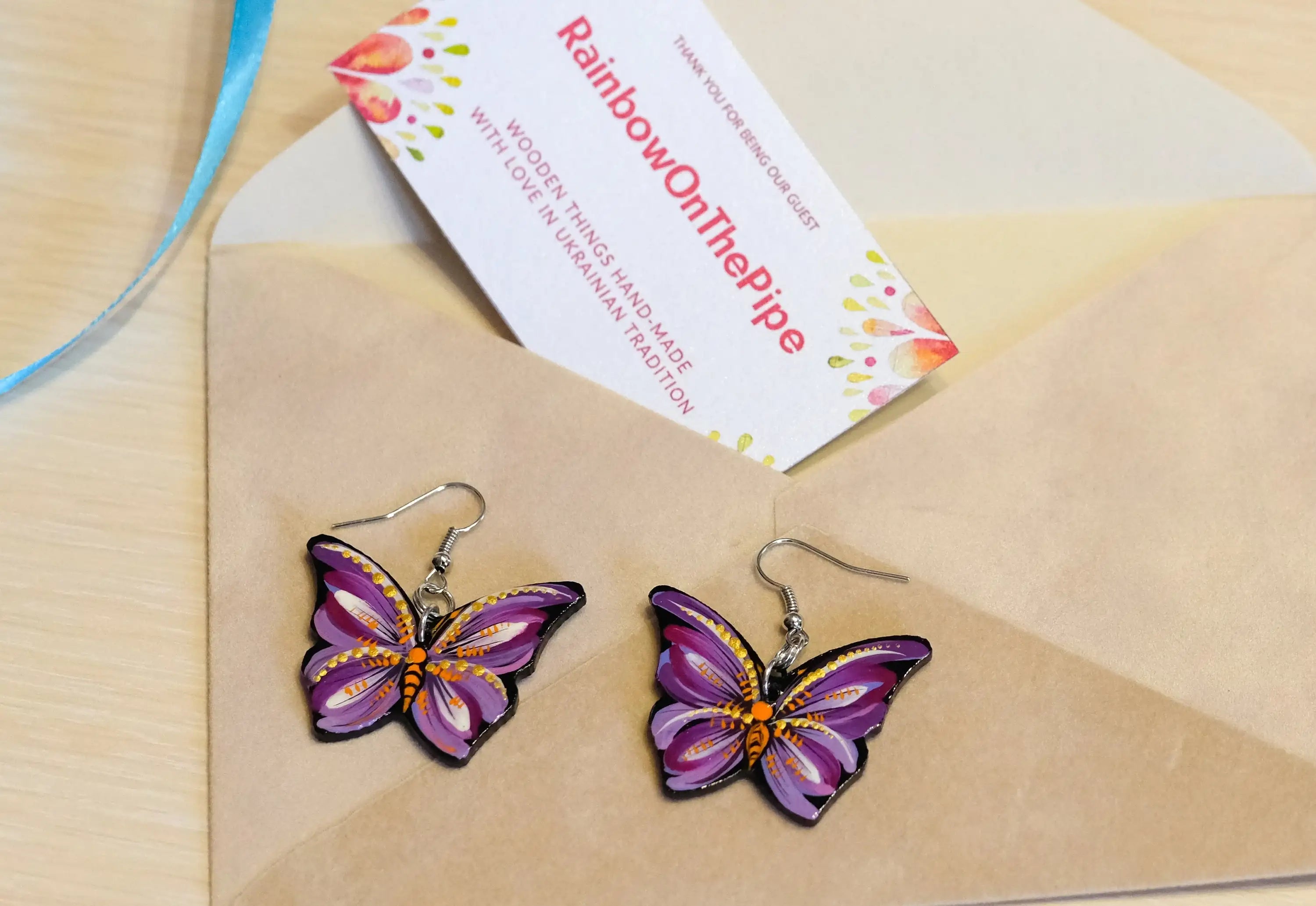 Hypoallergenic Painted Wooden Butterfly Earrings - Artisanal Dangle Drop Purple Statement Earrings