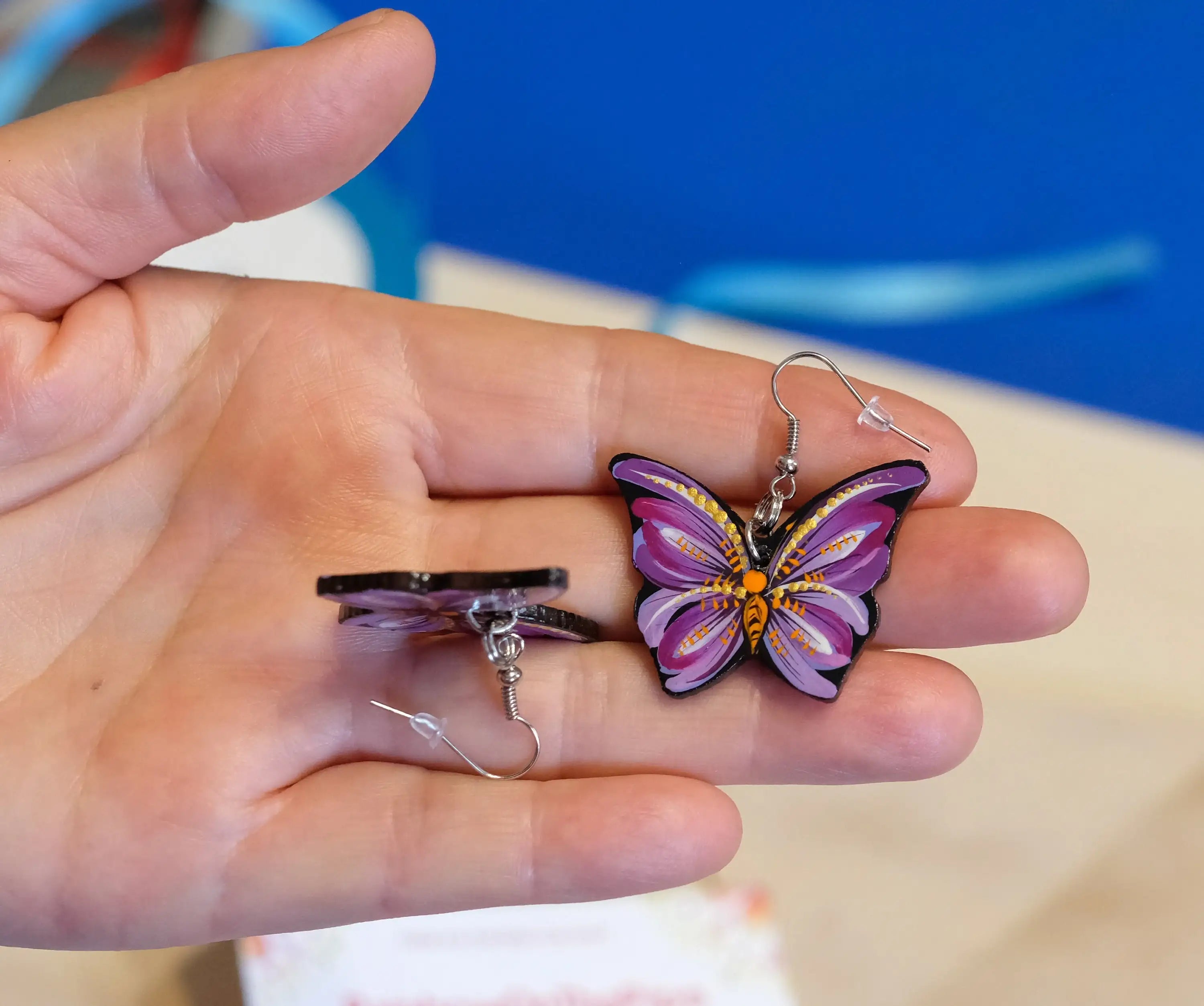 Hypoallergenic Painted Wooden Butterfly Earrings - Artisanal Dangle Drop Purple Statement Earrings