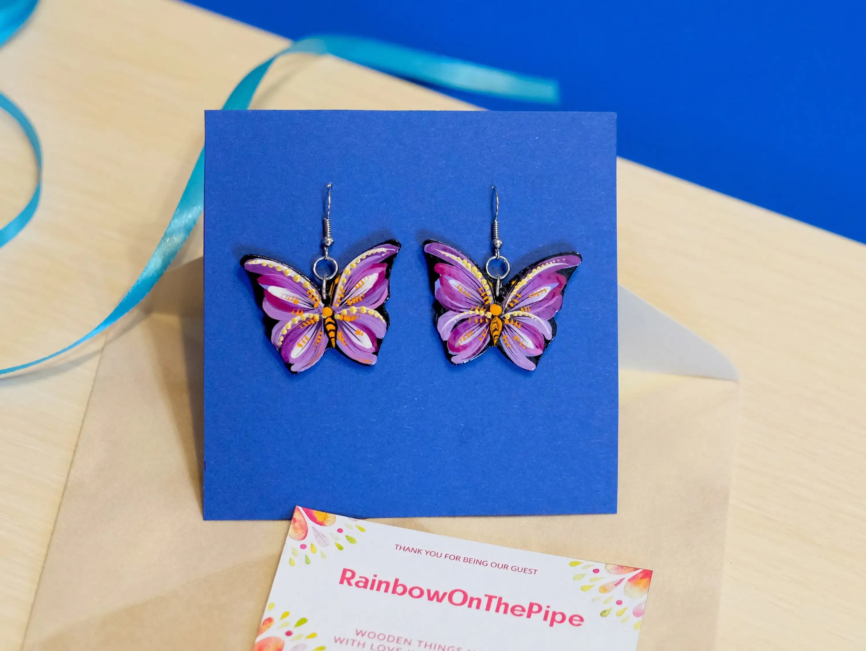 Hypoallergenic Painted Wooden Butterfly Earrings - Artisanal Dangle Drop Purple Statement Earrings