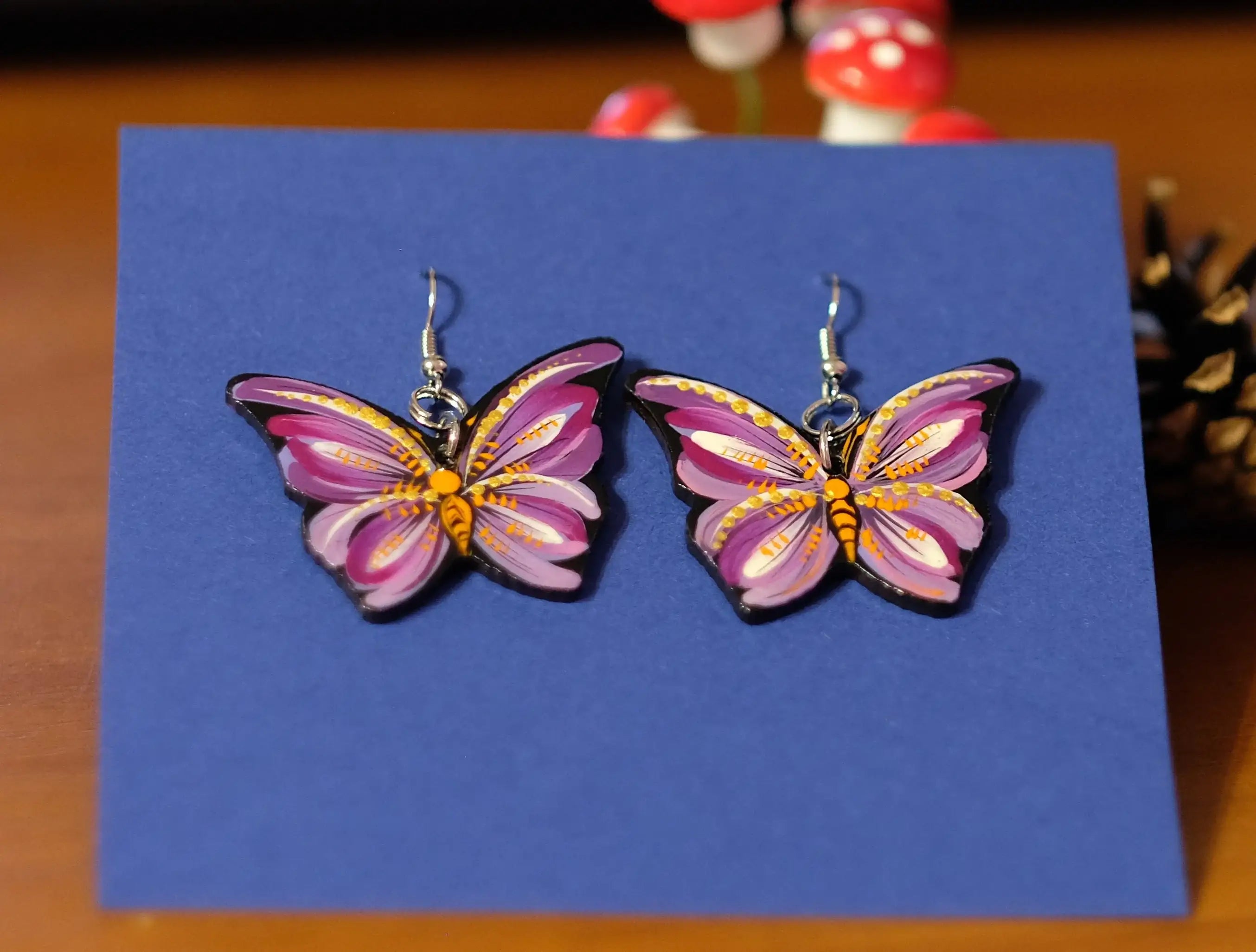 Hypoallergenic Painted Wooden Butterfly Earrings - Artisanal Dangle Drop Purple Statement Earrings