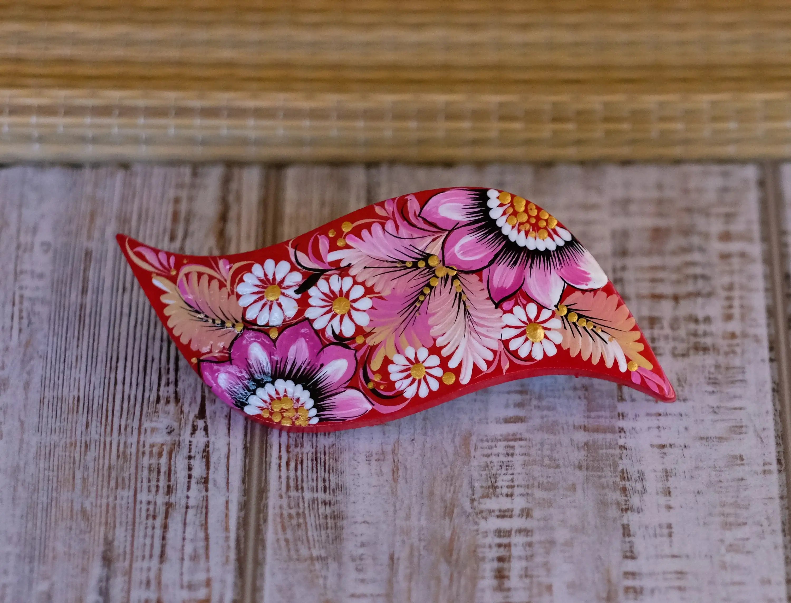 Hand-painted Wooden Hair Barrette - Artisanal Petrykivka Art Pink Flower French Hair Clip