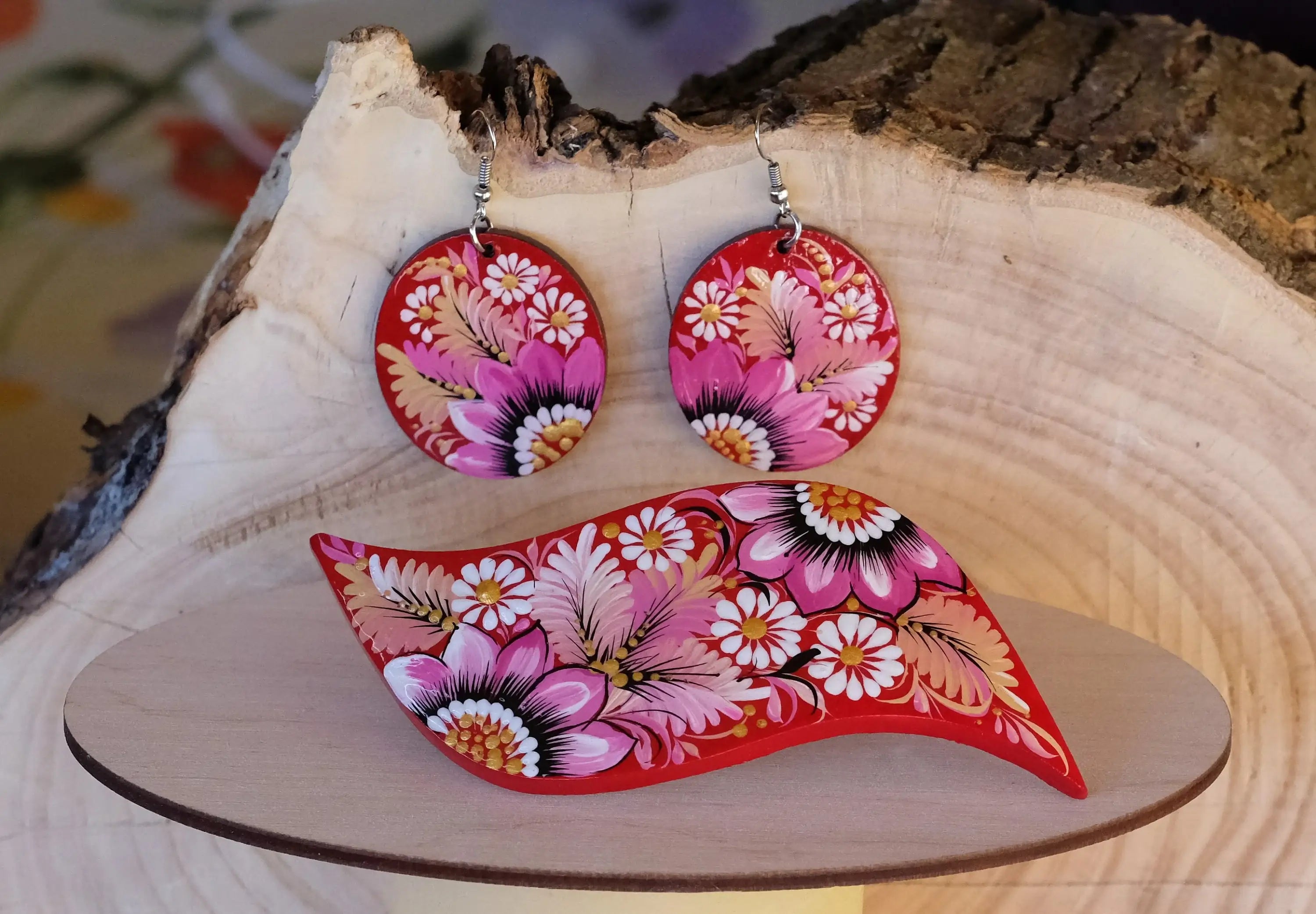 Hand-painted Wooden Hair Barrette - Artisanal Petrykivka Art Pink Flower French Hair Clip