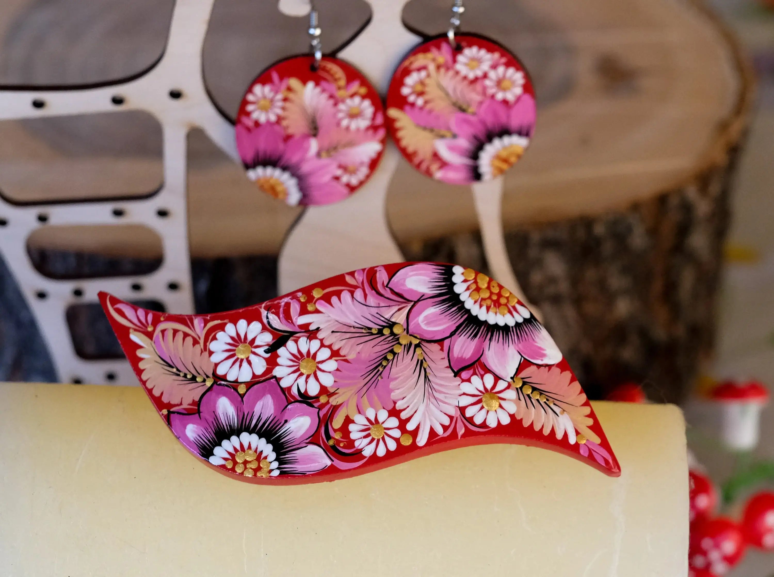 Hand-painted Wooden Hair Barrette - Artisanal Petrykivka Art Pink Flower French Hair Clip