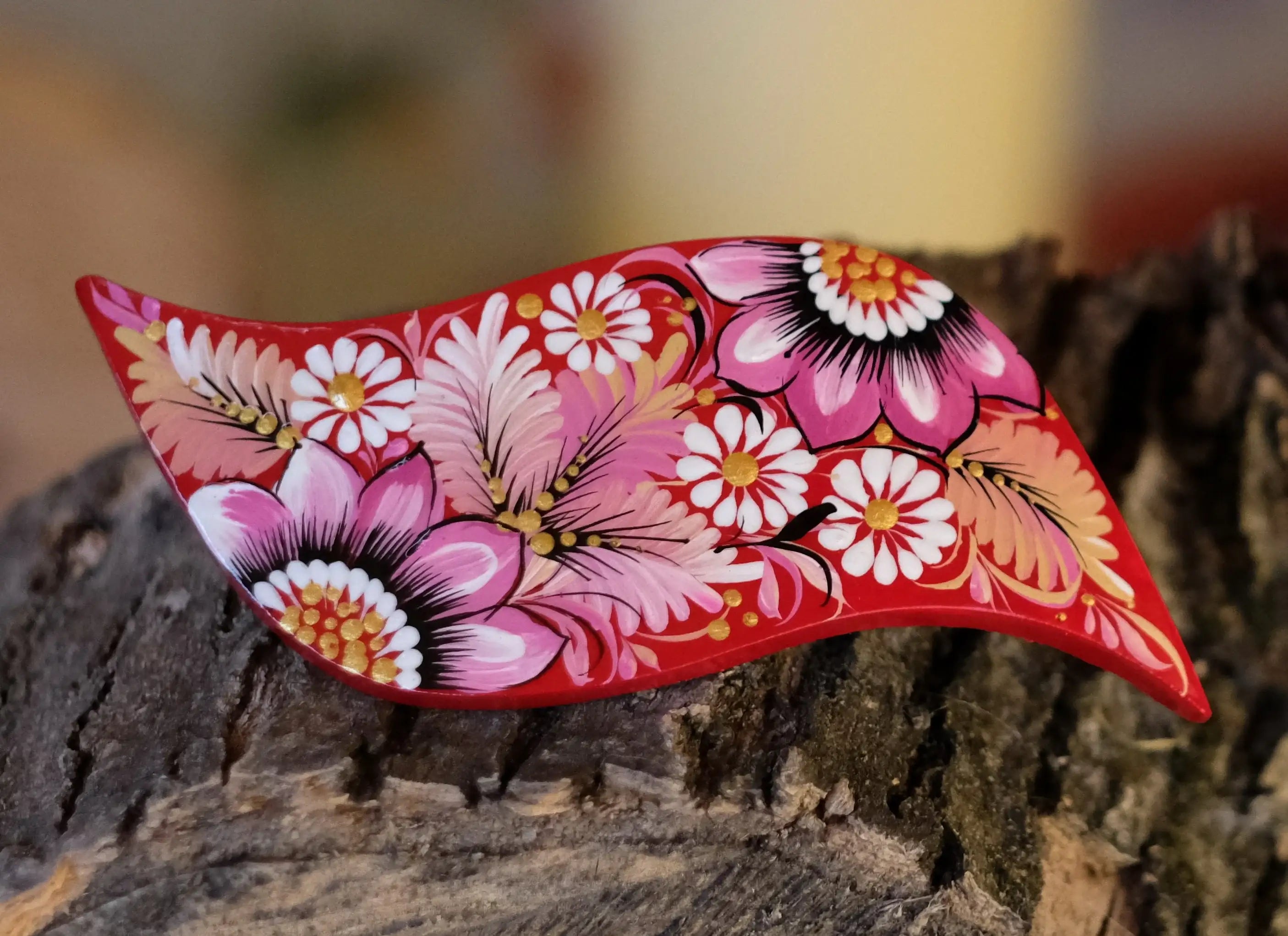 Hand-painted Wooden Hair Barrette - Artisanal Petrykivka Art Pink Flower French Hair Clip