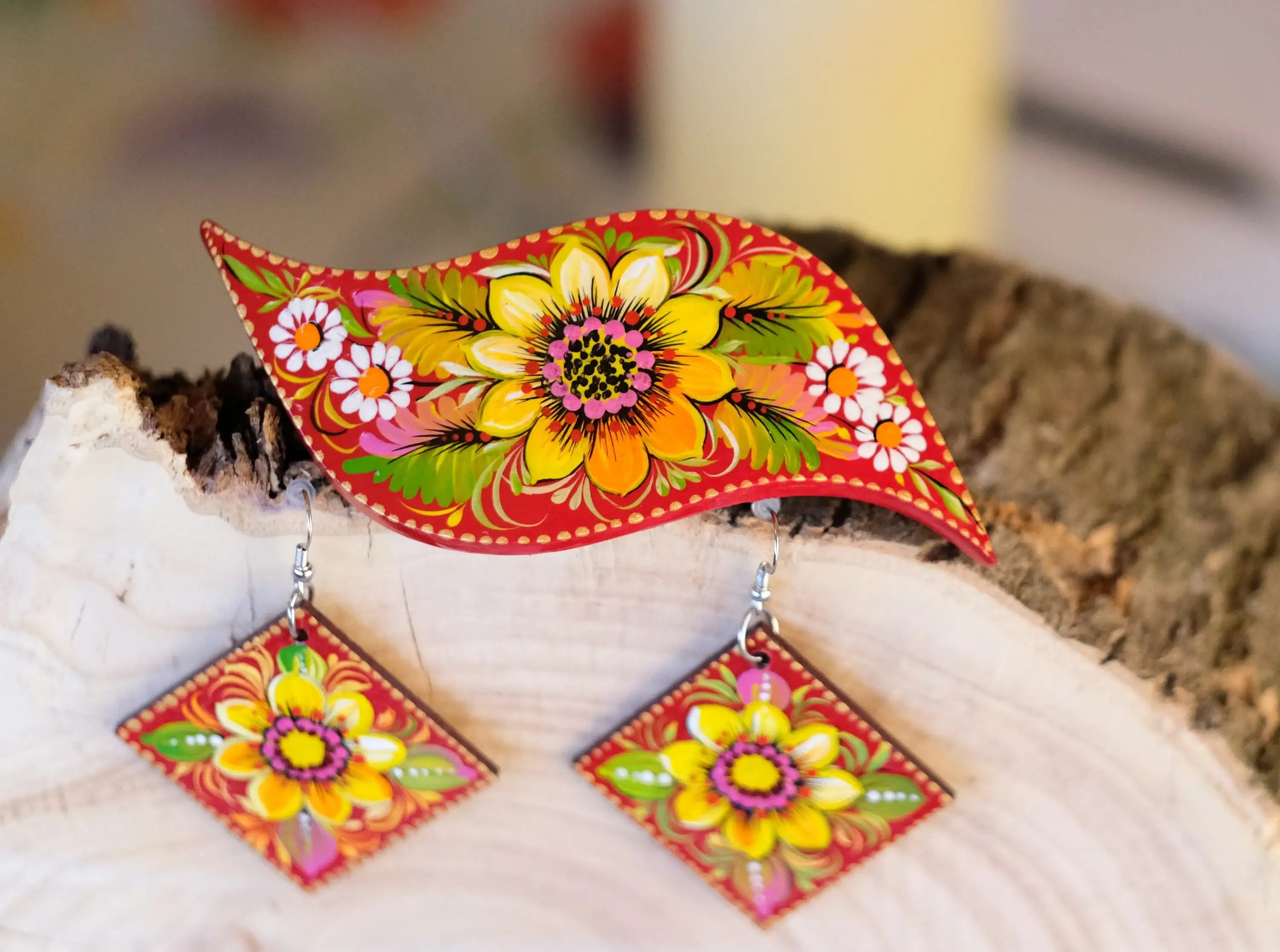 Painted Hypoallergenic Wooden Sunflower Earrings - Artisanal Large Statement Dangle Drop Earrings
