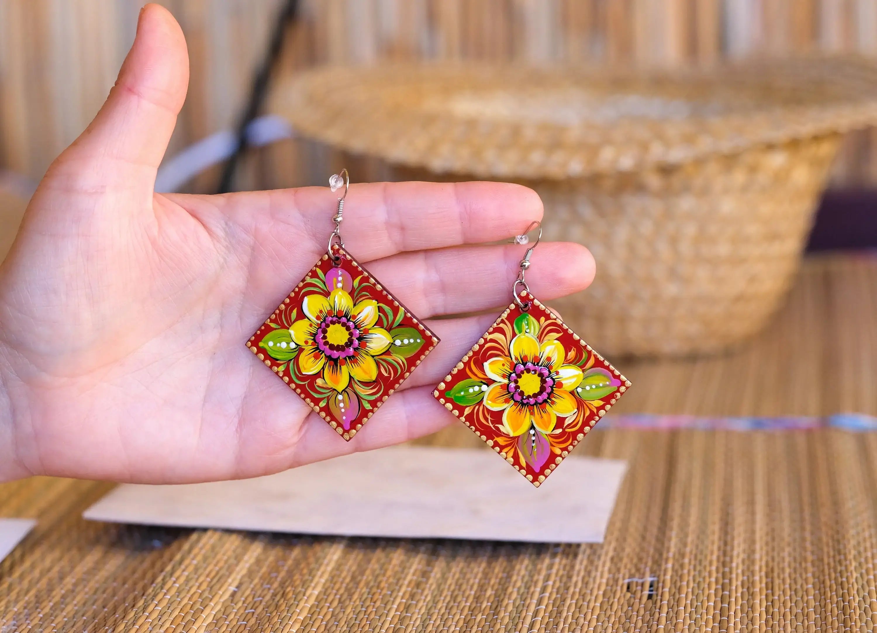 Painted Hypoallergenic Wooden Sunflower Earrings - Artisanal Large Statement Dangle Drop Earrings