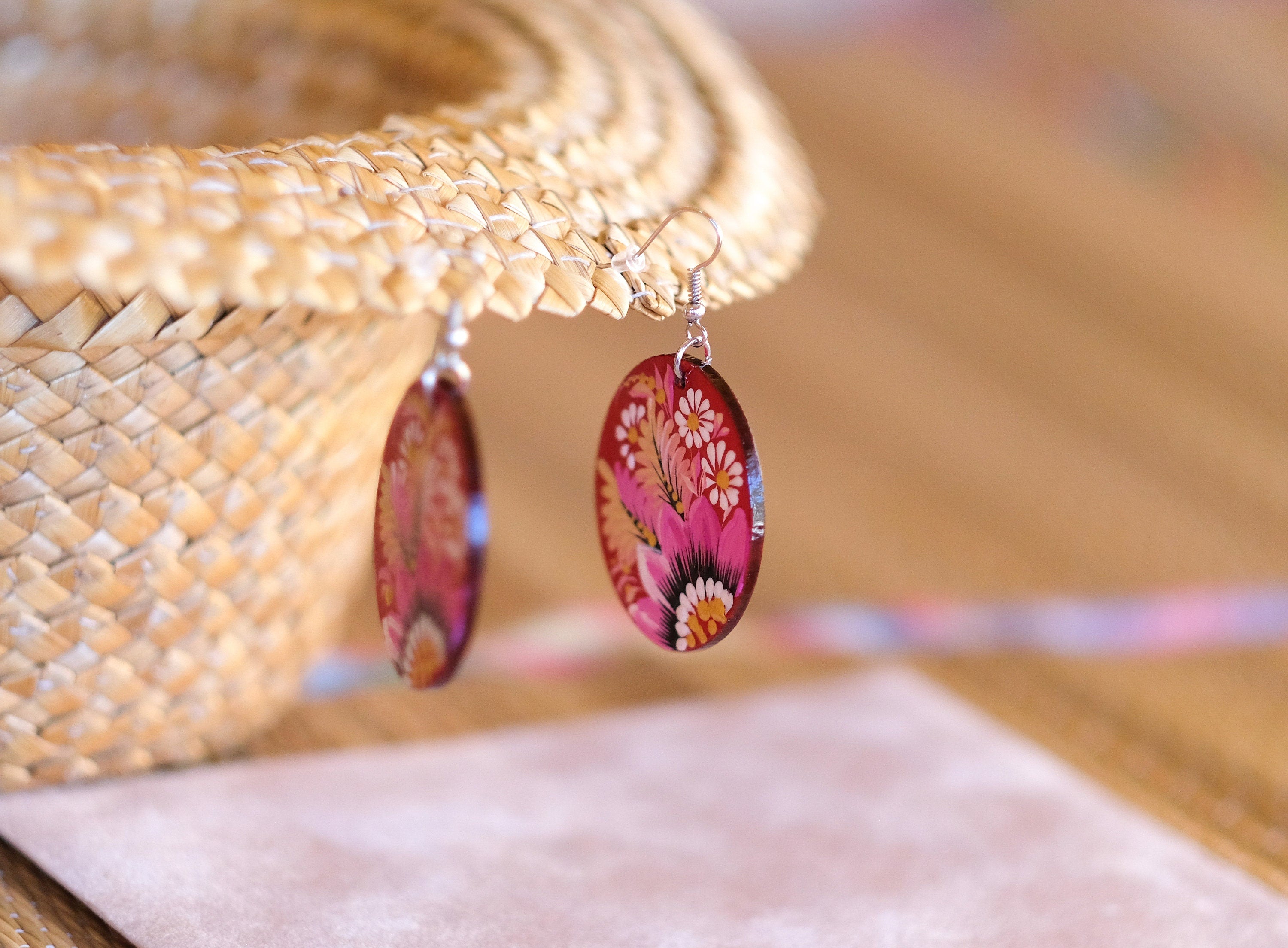 Hypoallergenic Painted Wooden Dangle Drop Earrings - Artisanal Pink Flower Petrykivka Art Oval Statement Earrings
