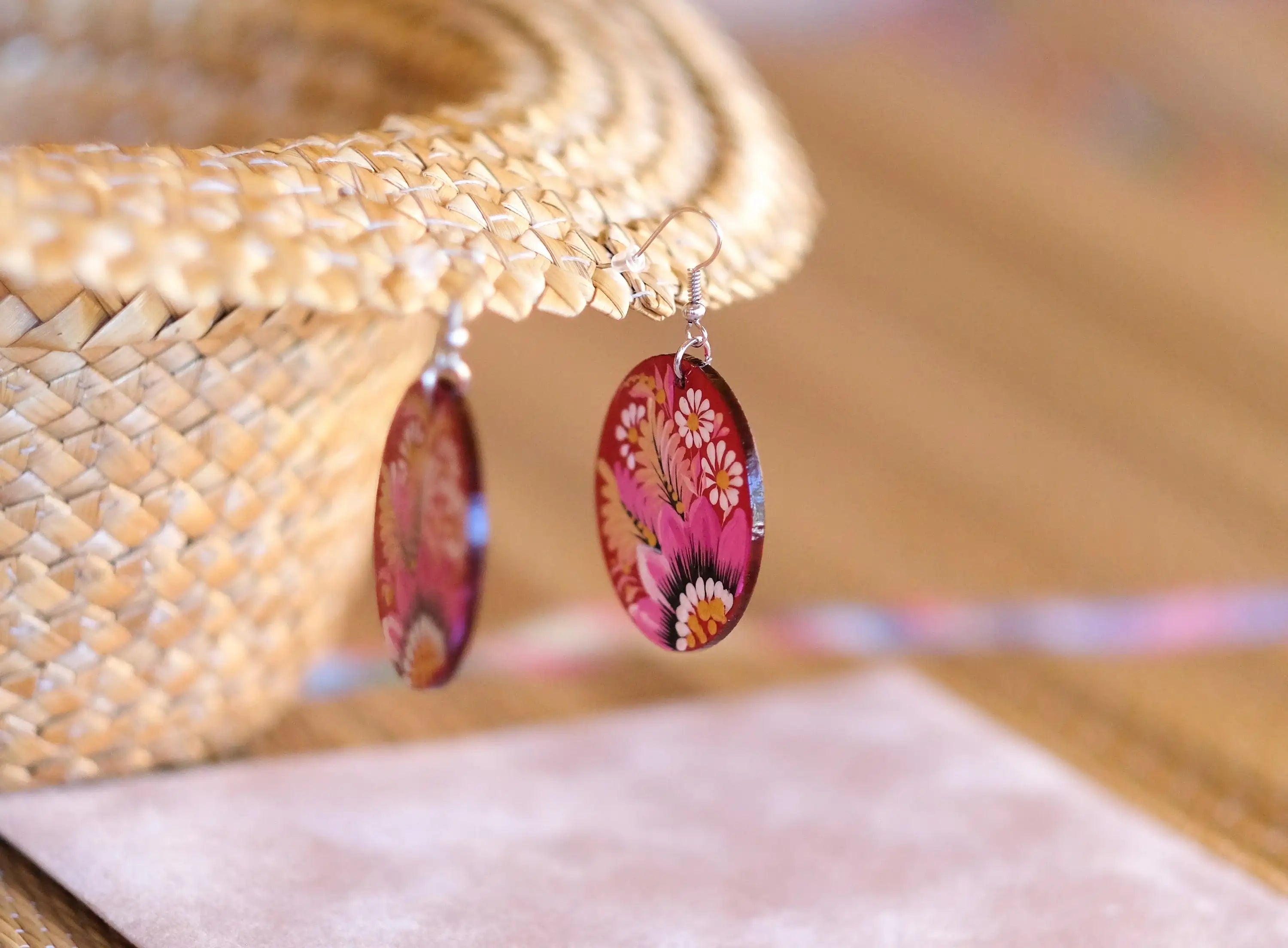 Hypoallergenic Painted Wooden Dangle Drop Earrings - Artisanal Pink Flower Petrykivka Art Oval Statement Earrings