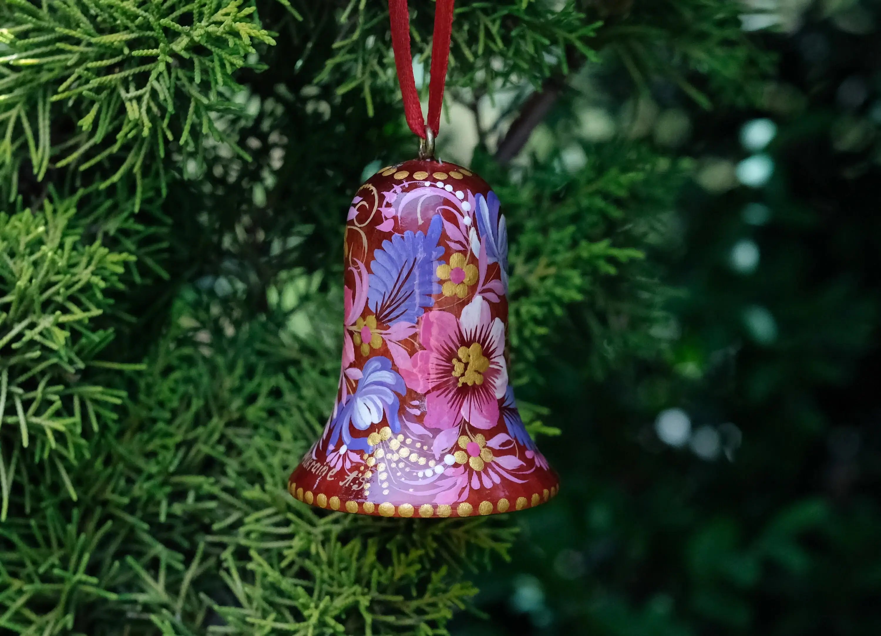 Painted Wooden Red Flower Bell Christmas Ornament - Handmade Artisanal Christmas Tree Decoration, Petrykivka Art