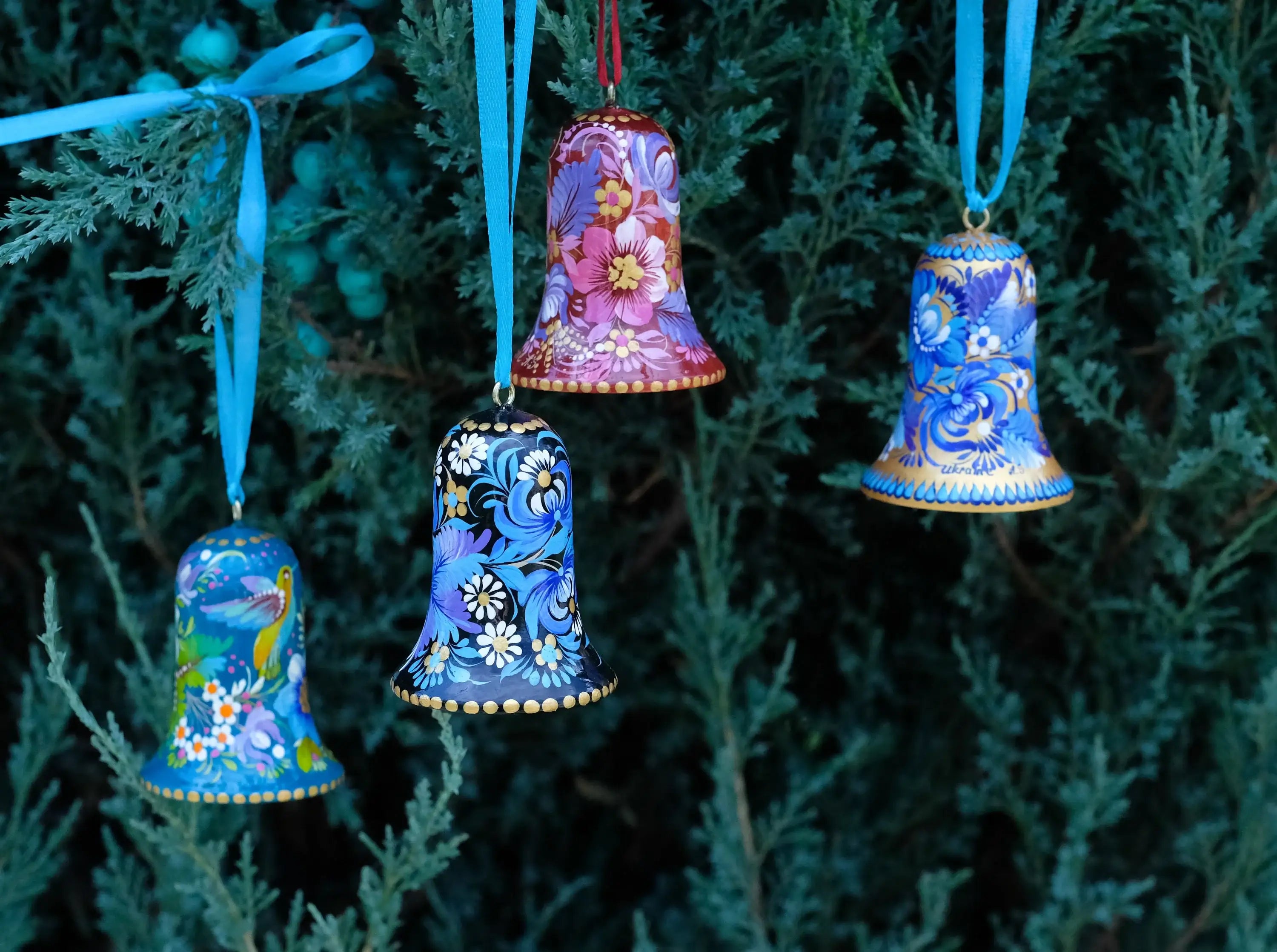 Painted Wooden Red Flower Bell Christmas Ornament - Handmade Artisanal Christmas Tree Decoration, Petrykivka Art