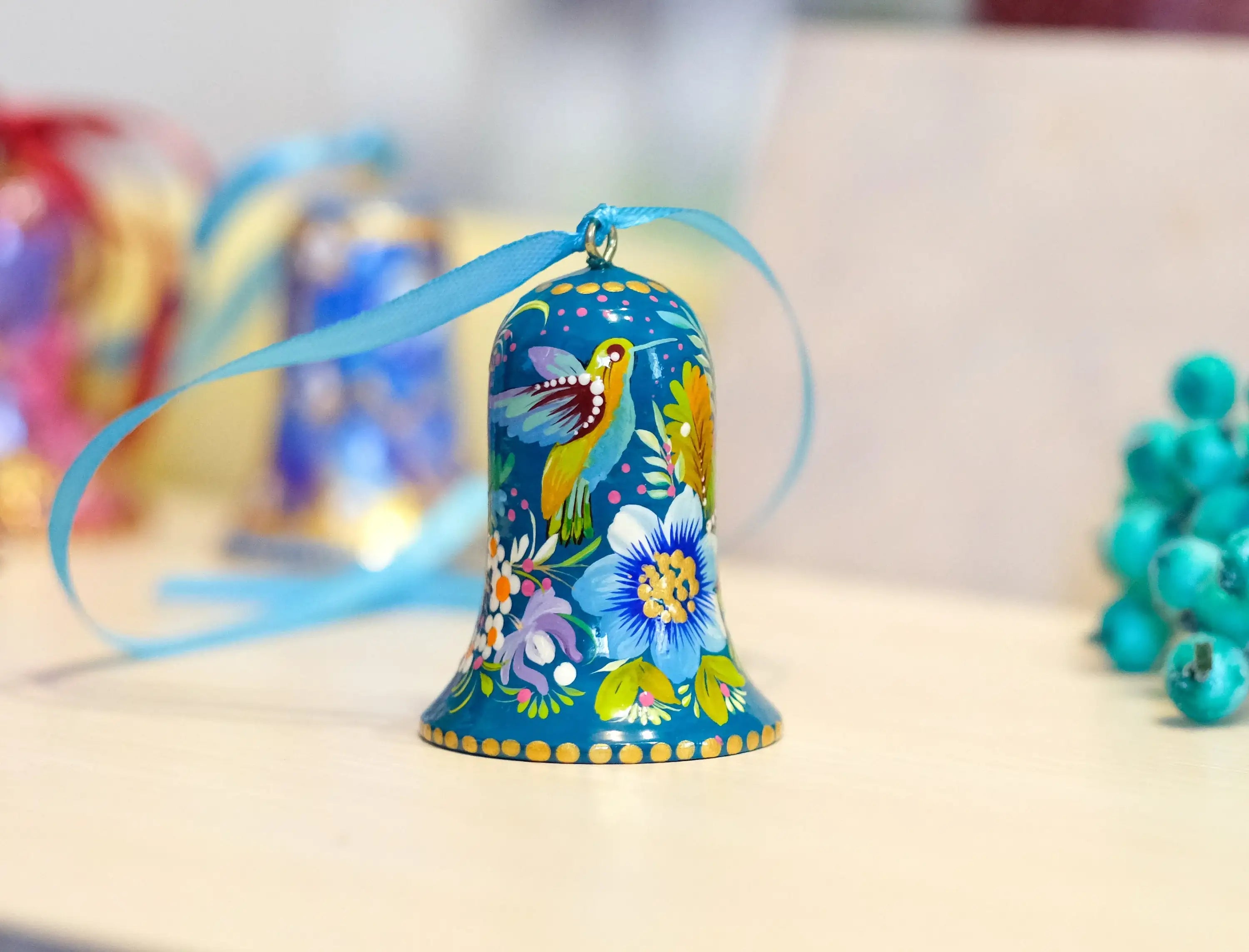 Painted Wooden Hummingbird Easter Bell Ornament