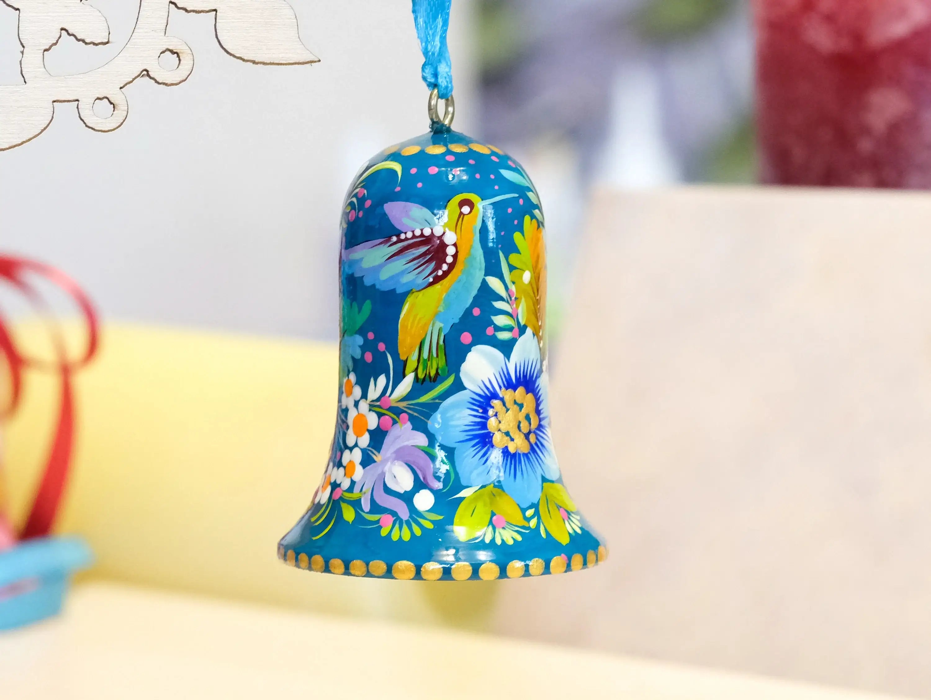 Painted Wooden Hummingbird Easter Bell Ornament