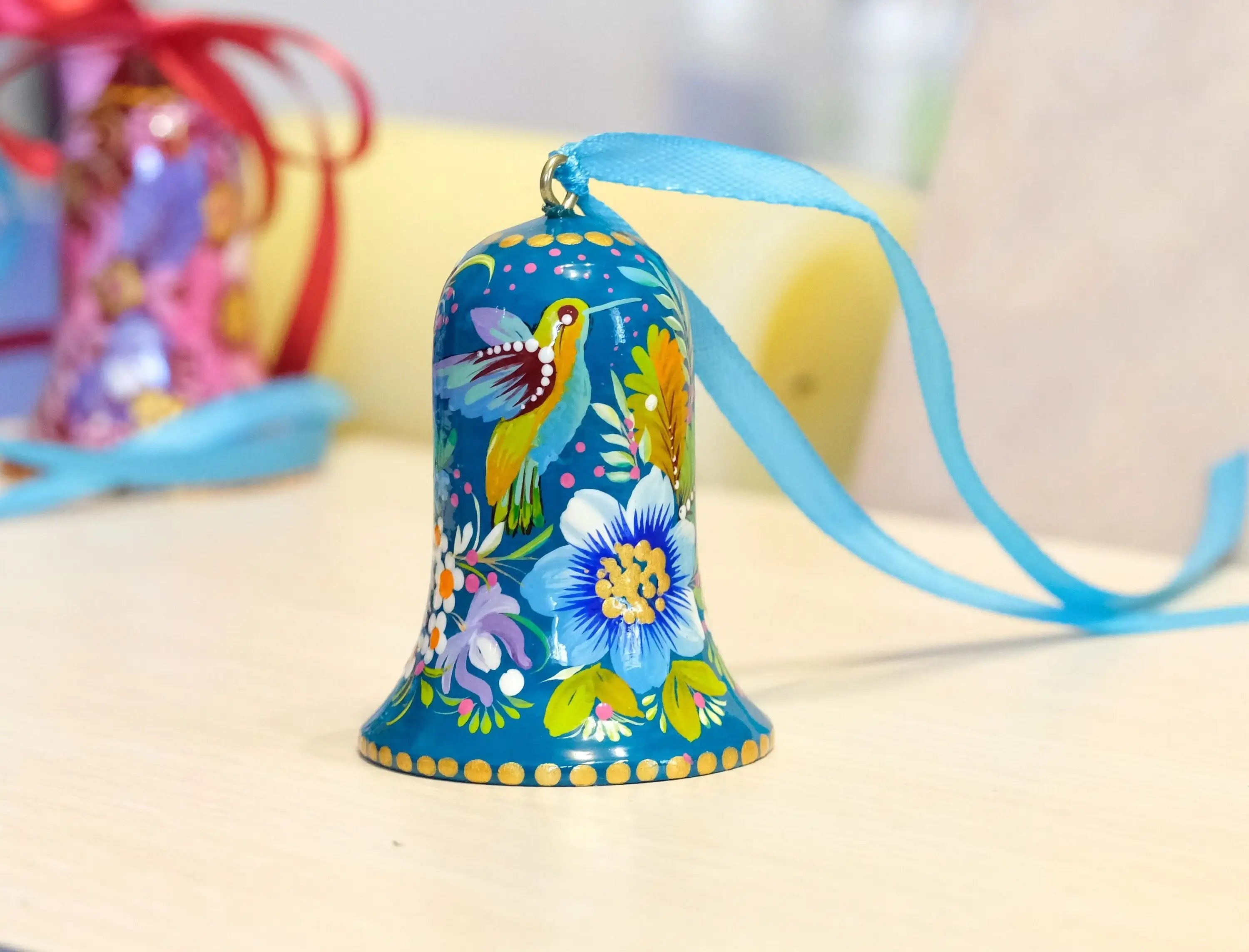 Painted Wooden Hummingbird Easter Bell Ornament
