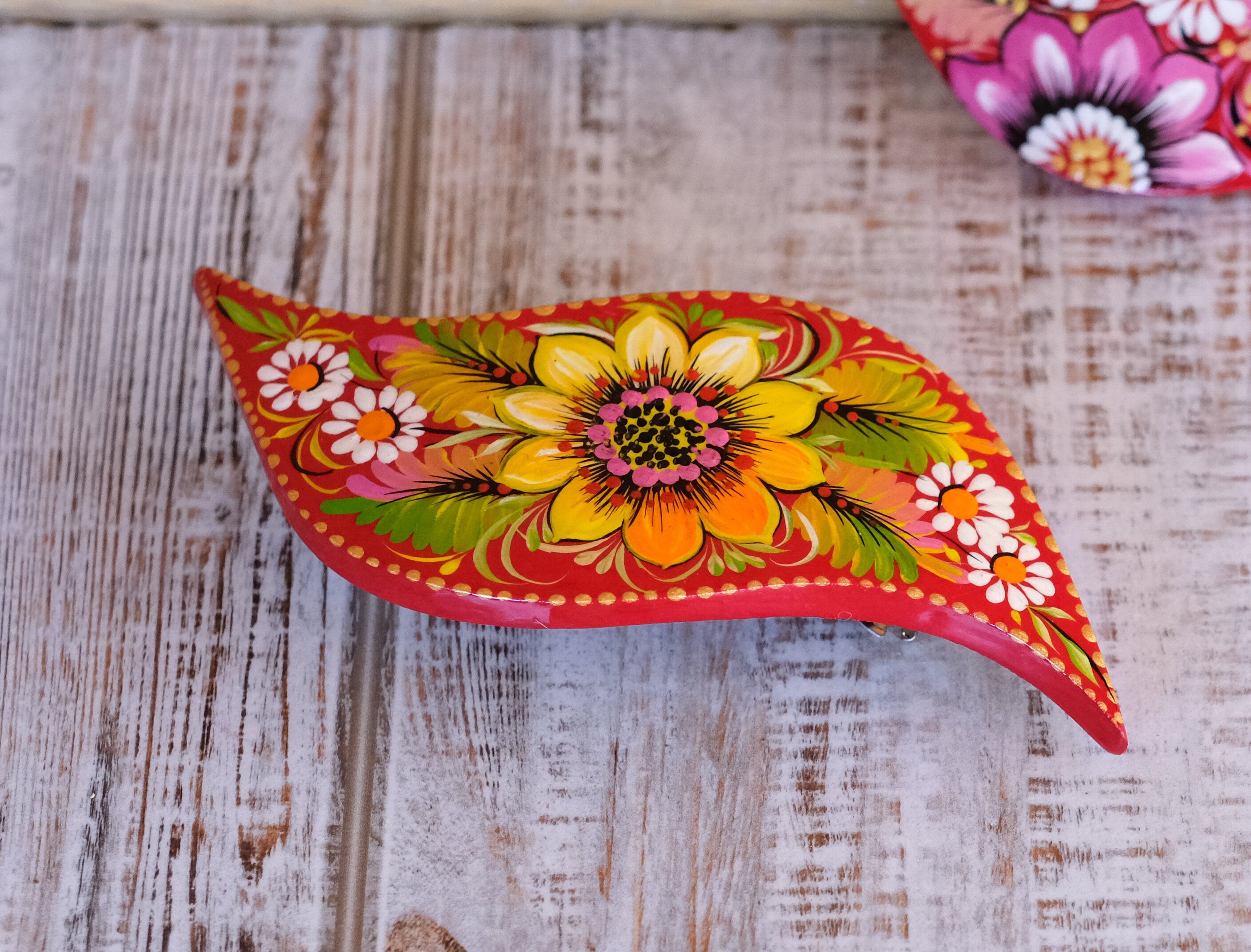 Hand-painted Wooden Sunflower Hair Barrette - Lightweight Artisanal Petrykivka Art French Hair Clip, Yellow Flower Barrette
