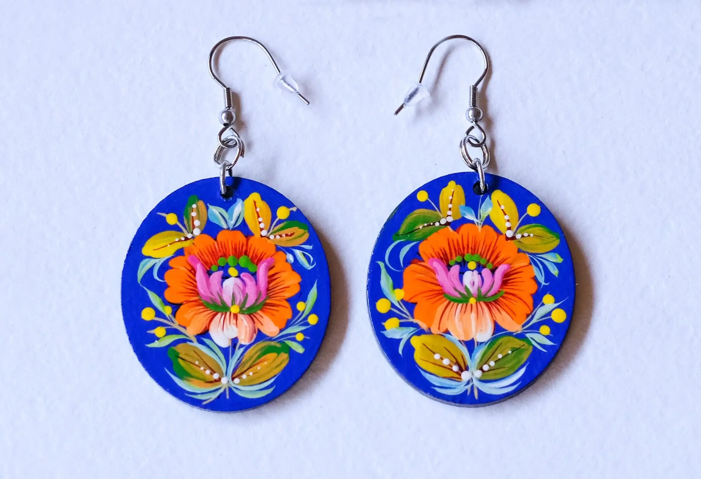 Hypoallergenic Painted Wooden Dangle Drop Earrings - Orange & Blue Flower Earrings, Petrykivka Art