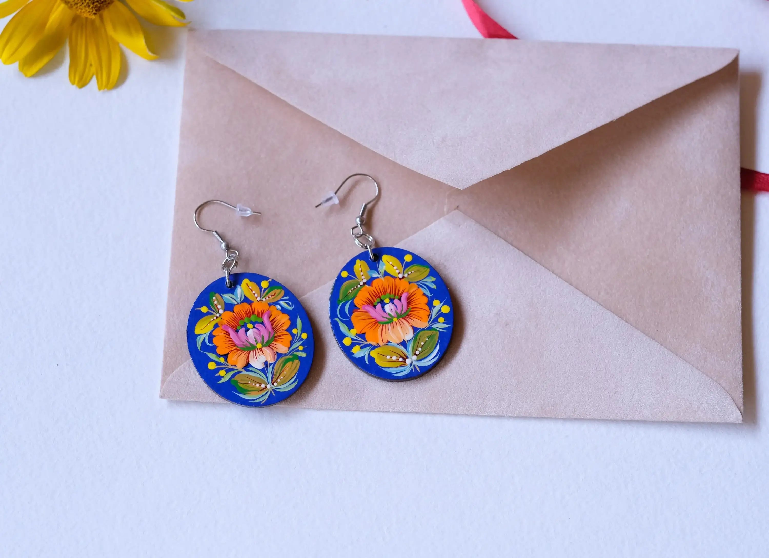 Hypoallergenic Painted Wooden Dangle Drop Earrings - Orange & Blue Flower Earrings, Petrykivka Art