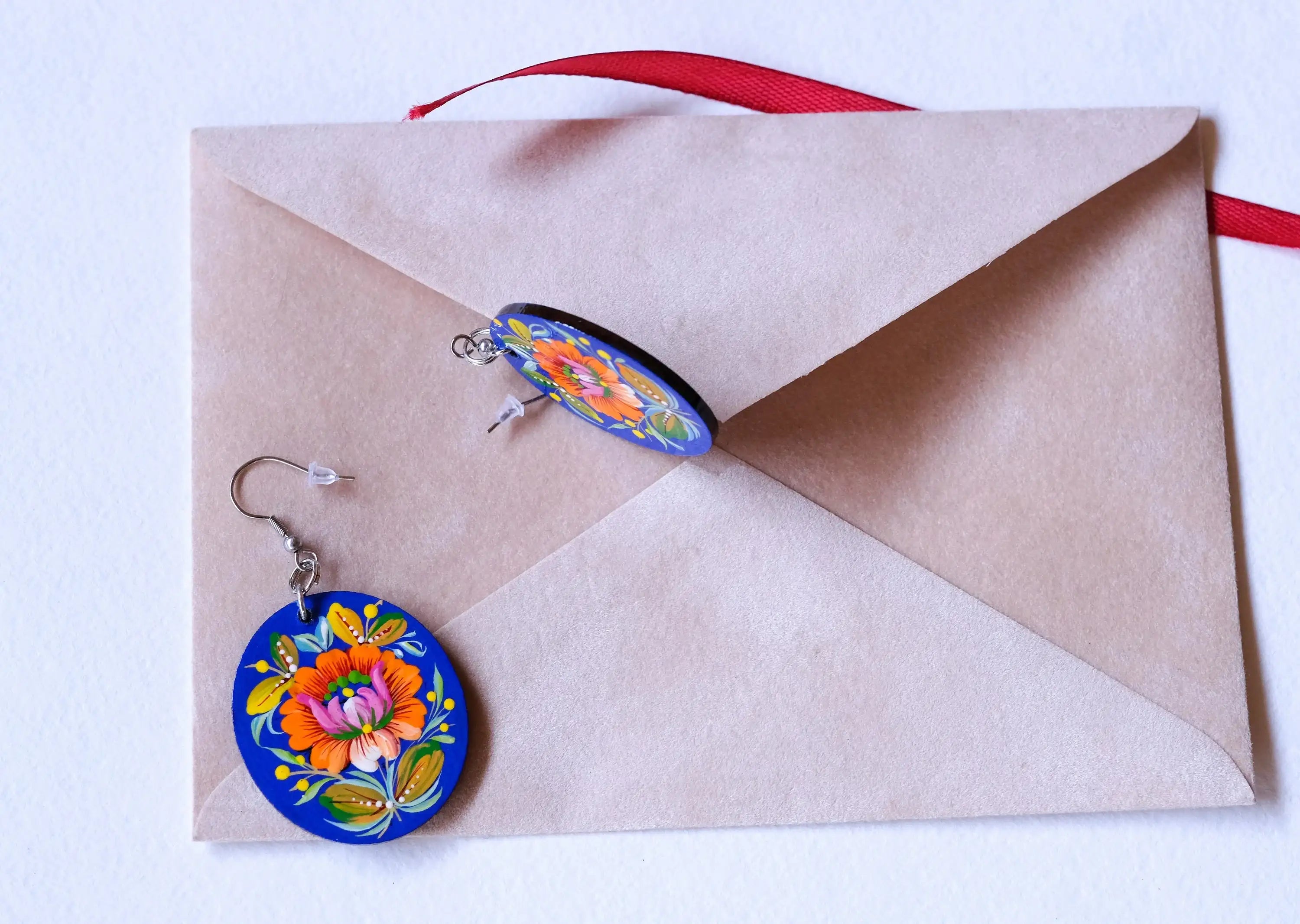 Hypoallergenic Painted Wooden Dangle Drop Earrings - Orange & Blue Flower Earrings, Petrykivka Art