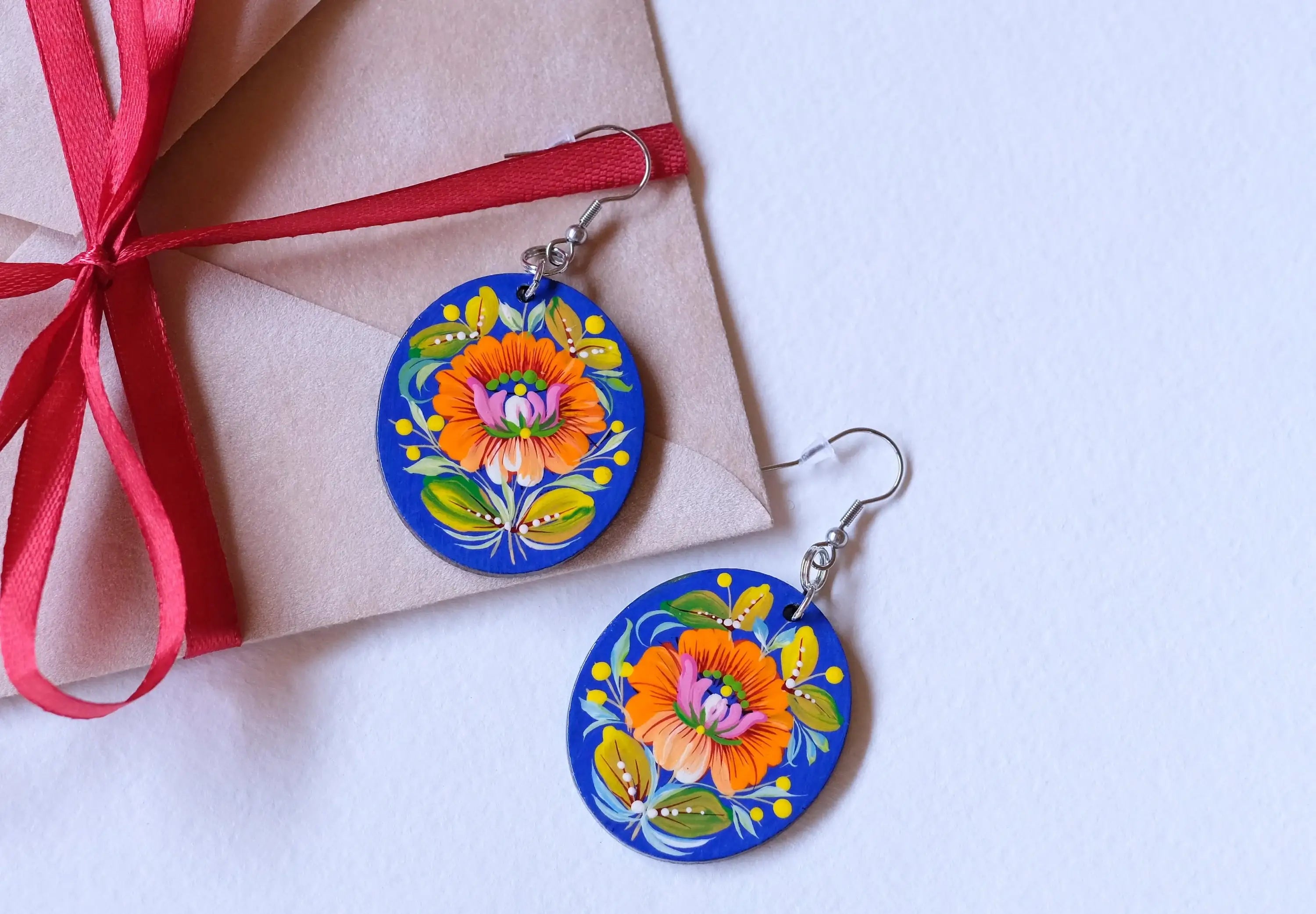 Hypoallergenic Painted Wooden Dangle Drop Earrings - Orange & Blue Flower Earrings, Petrykivka Art