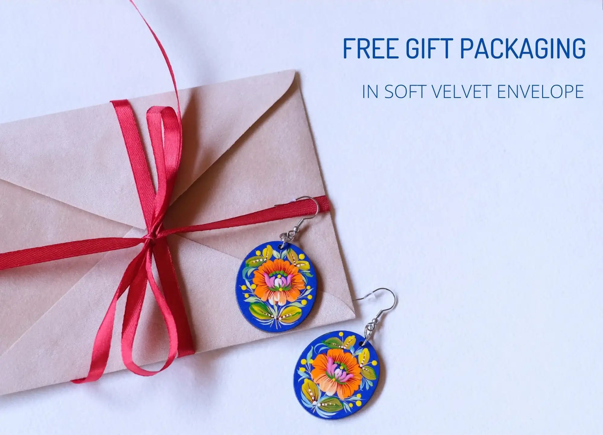 Hypoallergenic Painted Wooden Dangle Drop Earrings - Orange & Blue Flower Earrings, Petrykivka Art