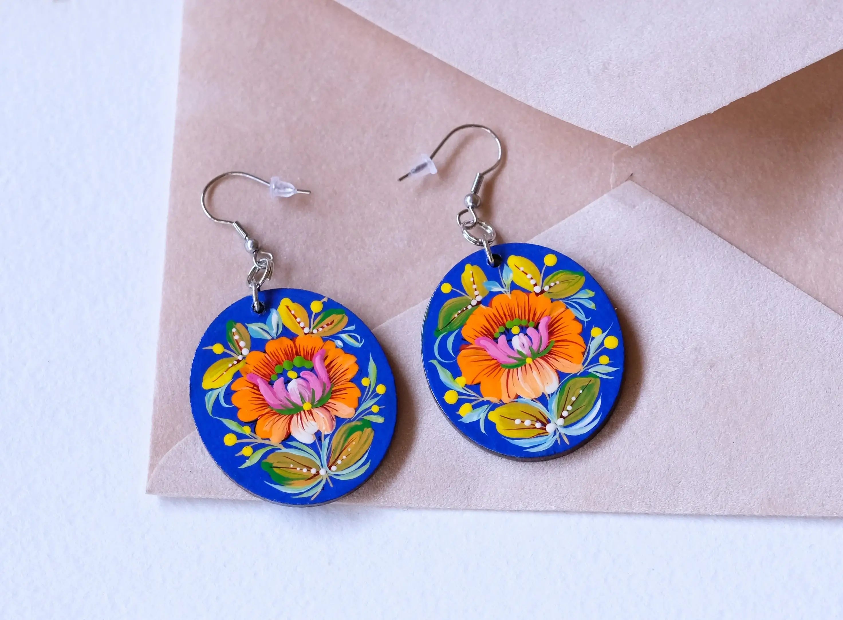 Hypoallergenic Painted Wooden Dangle Drop Earrings - Orange & Blue Flower Earrings, Petrykivka Art