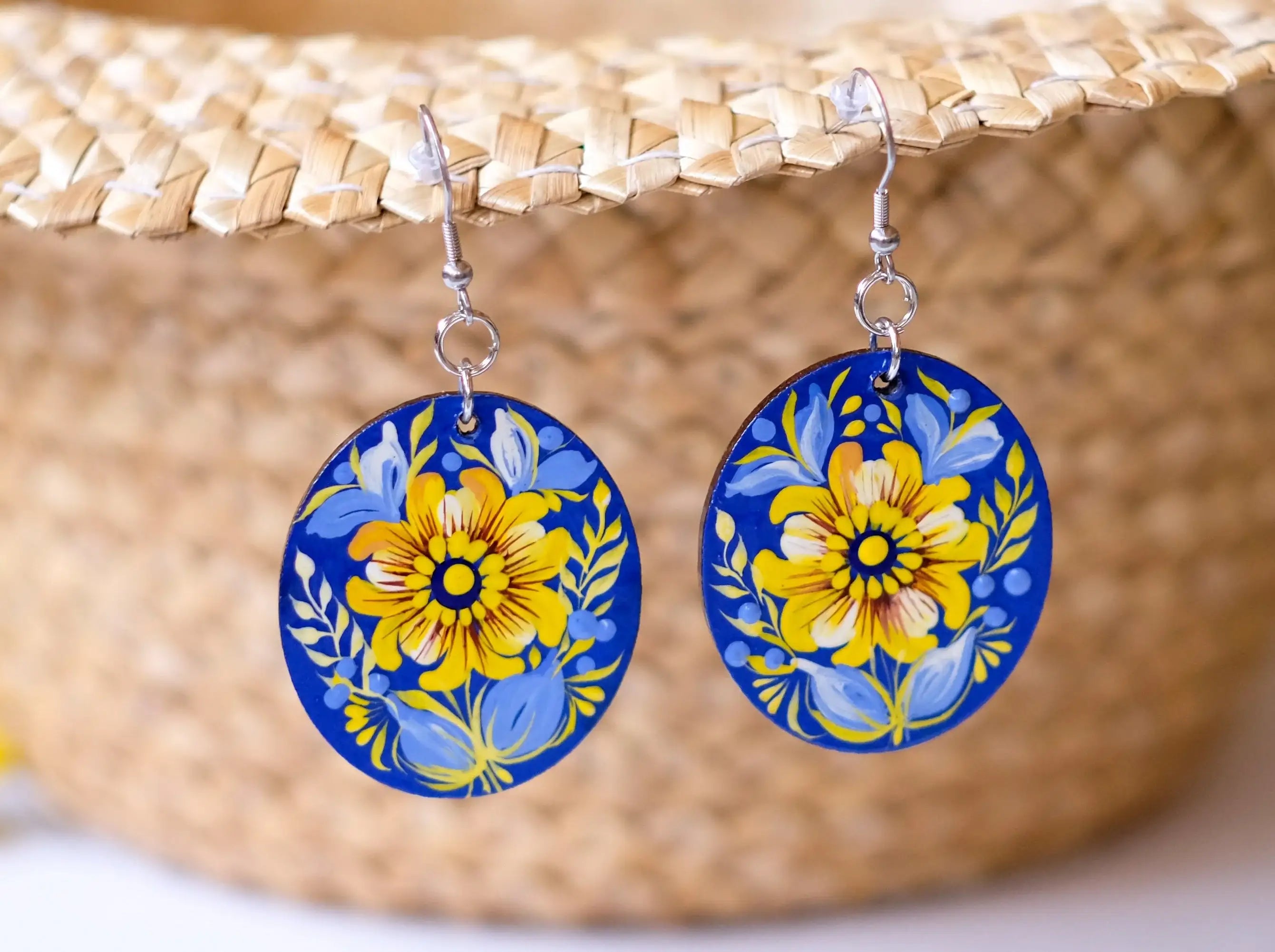 Painted Hypoallergenic Wooden Dangle Drop Earrings - Petrykivka Art, Large Blue and Yellow Flower Circle Earrings