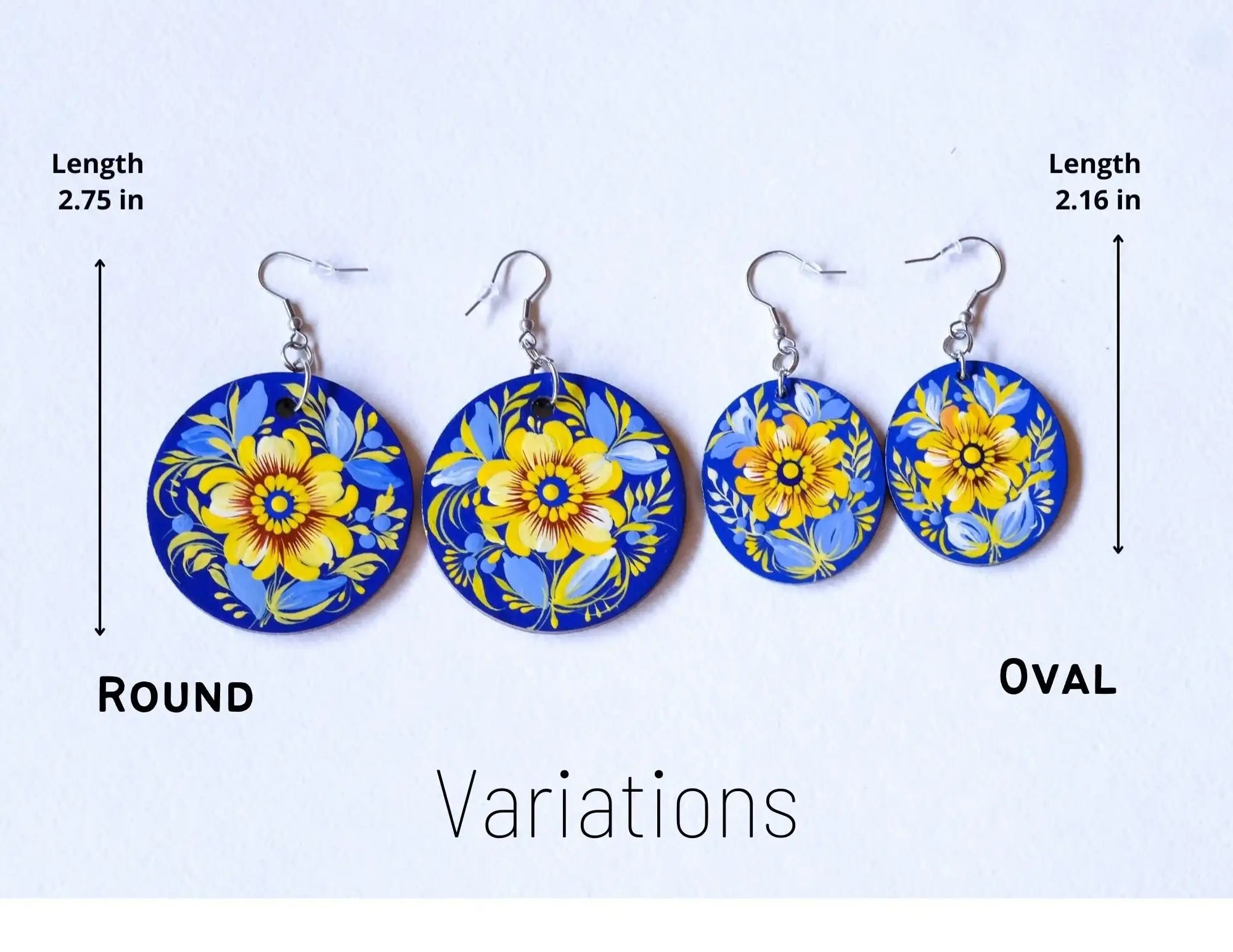 Hand-painted Hypoallergenic Wooden Dangle Drop Earrings - Petrykivka Art, Large Blue and Yellow Flower Circle Earrings