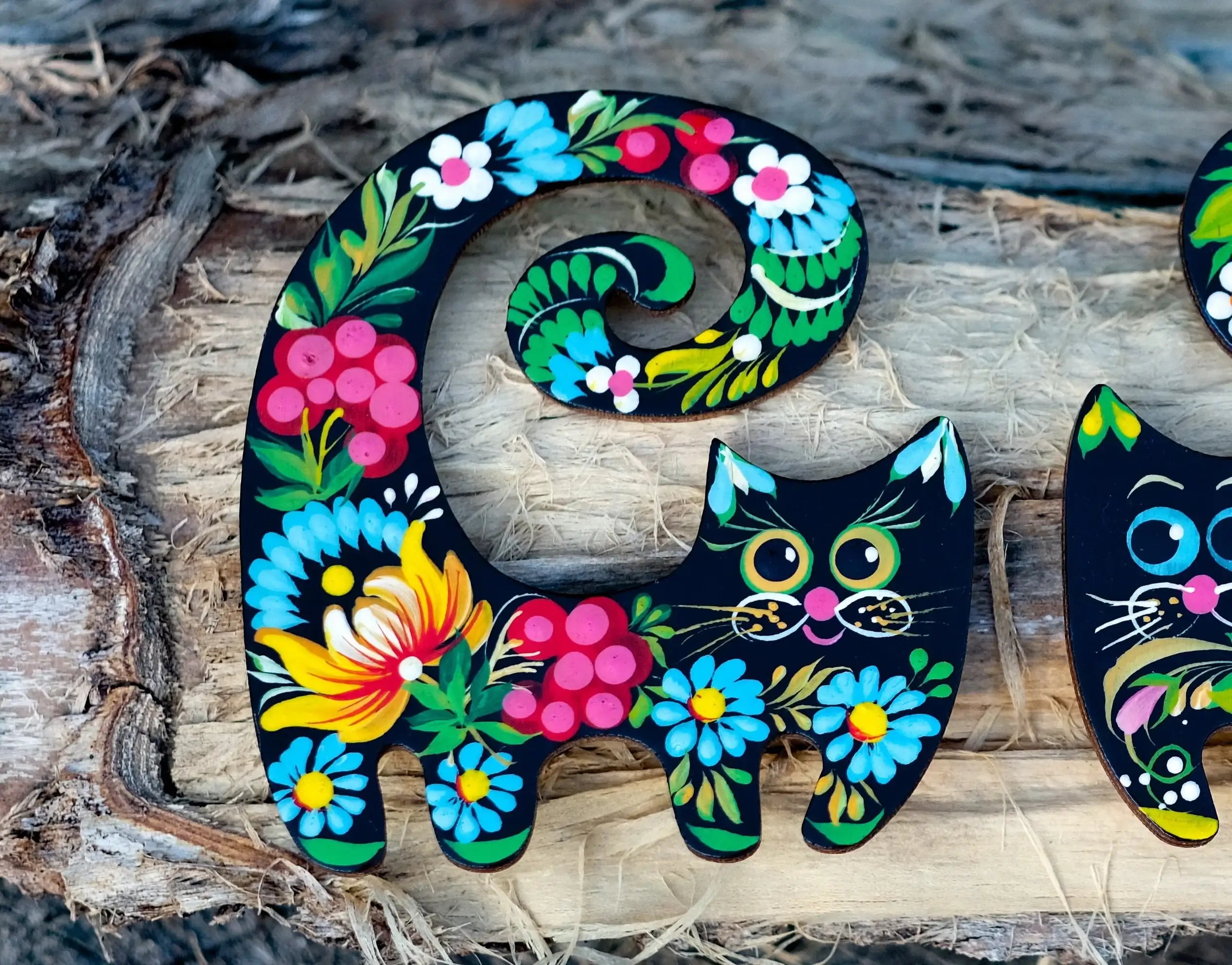 Painted Wooden Funny Cat Fridge Magnets Set - Petrykivka Art Cute Cat Silhouette Decorative Magnet, Handmade
